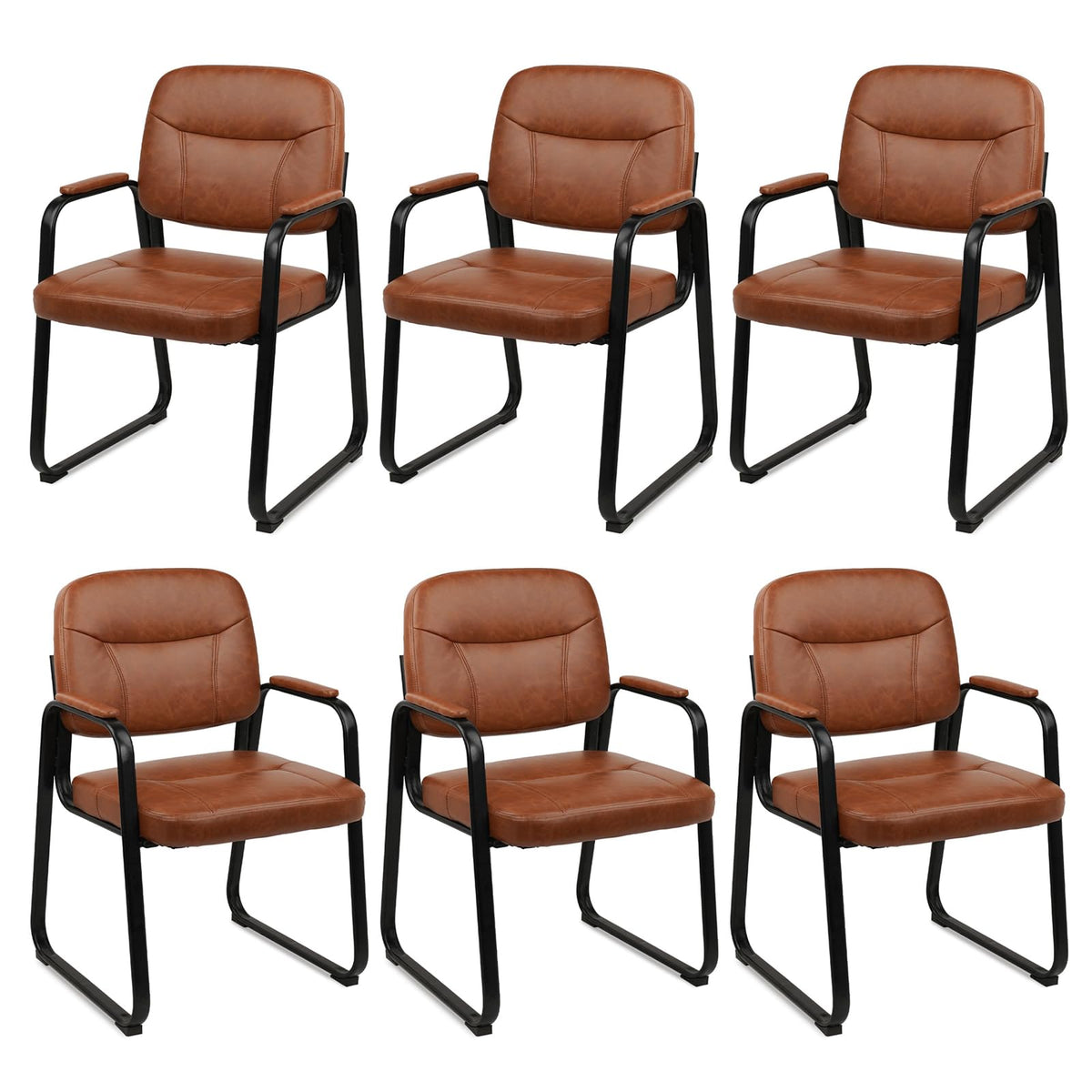 Clatina Waiting Room Guest Chair with Bonded Leather Padded Arm Rest for Office Reception and Conference Desk Black with Sled Base Brown 6 Pack