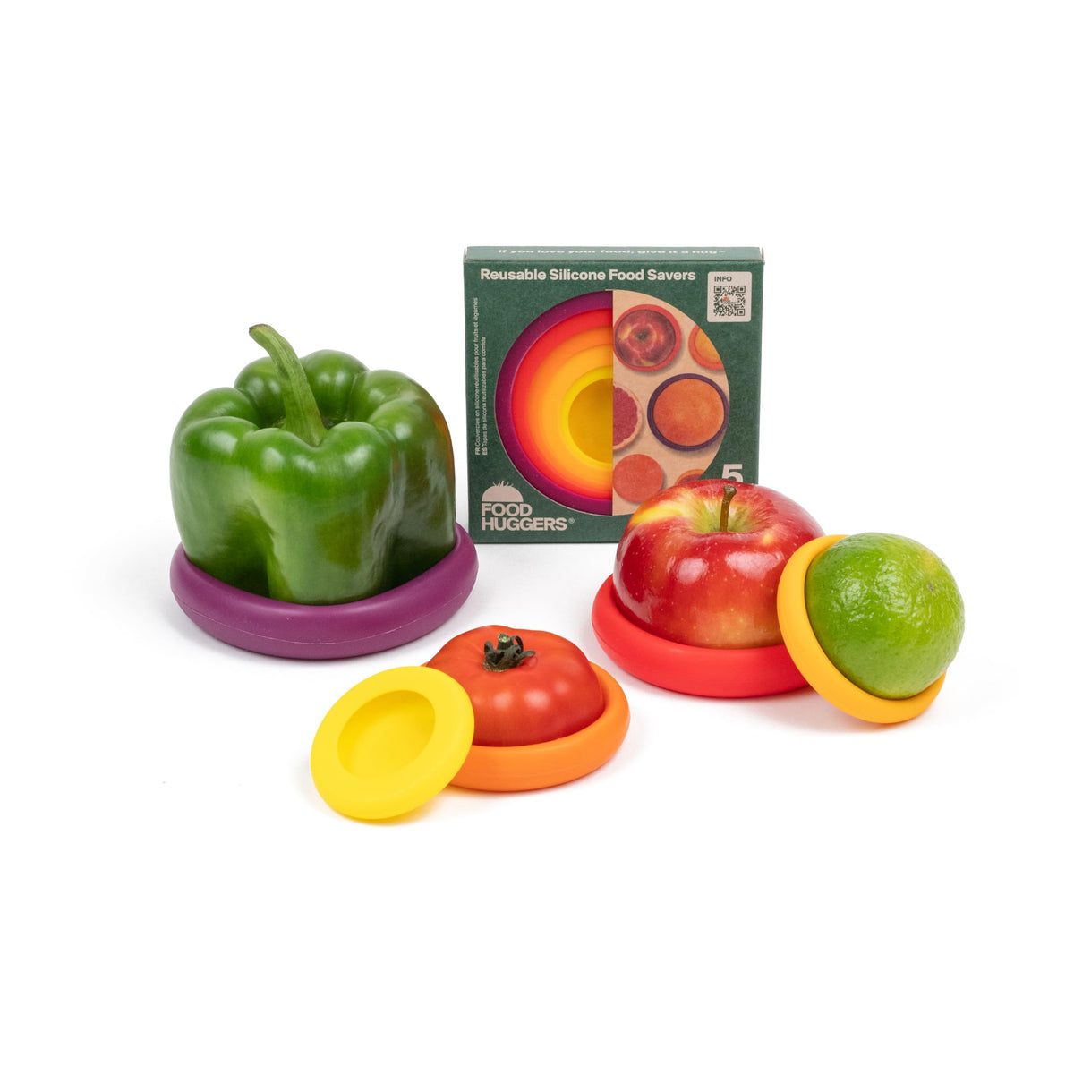 Food Huggers 5pc Reusable Silicone Food Savers | BPA Free | Plastic Free Food Storage | Dishwasher Safe | Fruit & Vegetable Storage for Onion, Tomato, Lemon, Banana & Cans | Round, Autumn Harvest