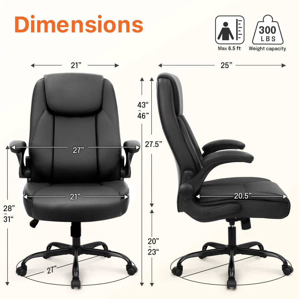 Neo Chair Office Desk Chair, High Back Pu Leather with Flip-up Arms, Black, 27 inches (W) x 25 inches (D) x 46 inches (H)