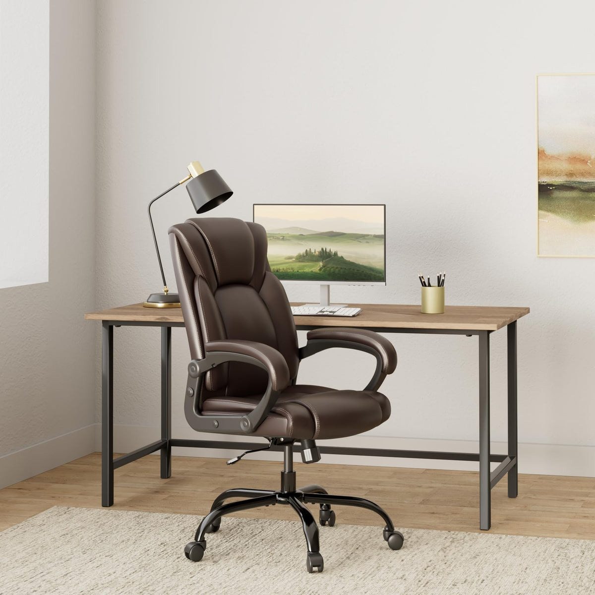 Executive Office Chair with Spring Cushion,hydrolysis-resistant Leather, Fixed Arm Medium, Brown
