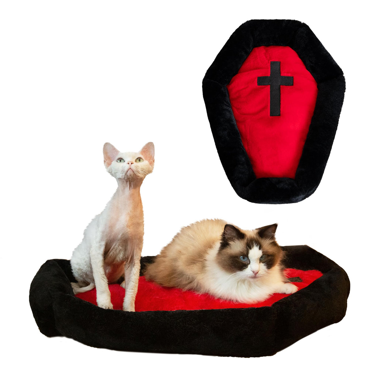 Gothic Cat Beds Fits up to 25 lbs, Washable Coffin Cat Bed, Goth Pet Bed, Halloween House 24 * 16.9 Inch, Red & Black Small (Black, Small)