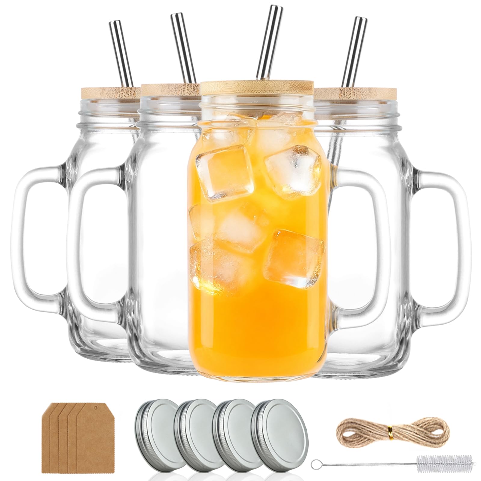 24 oz Mason Jar Cups with Handles, Wide Mouth Iced Coffee Cup with Bamboo Lids & Straws, Large Glass Bottle Mug Drinking Jars Tumbler for Smoothie Cold Water Juice Party Beverages, Set of 4