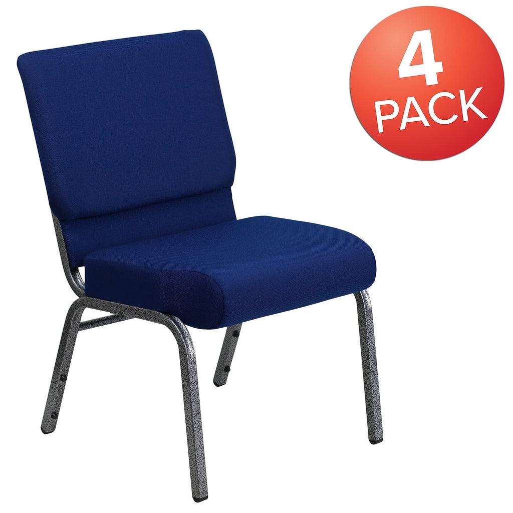 Flash Furniture 4 Pack Hercules Series 21''w Stacking Church Chair in Navy Blue Fabric - Silver Vein Frame, Set of 4, Navy Blue Fabric/silver