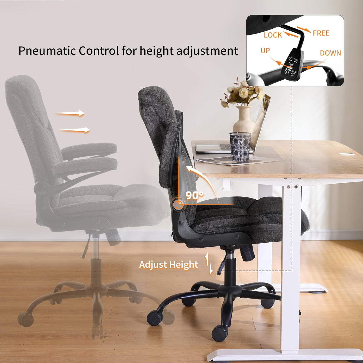Fmolat Ergonomic Home Office Chair Fabric Comfy Computer Chair, Grey, 19.7"W x 19.5"D x 39"-42"H