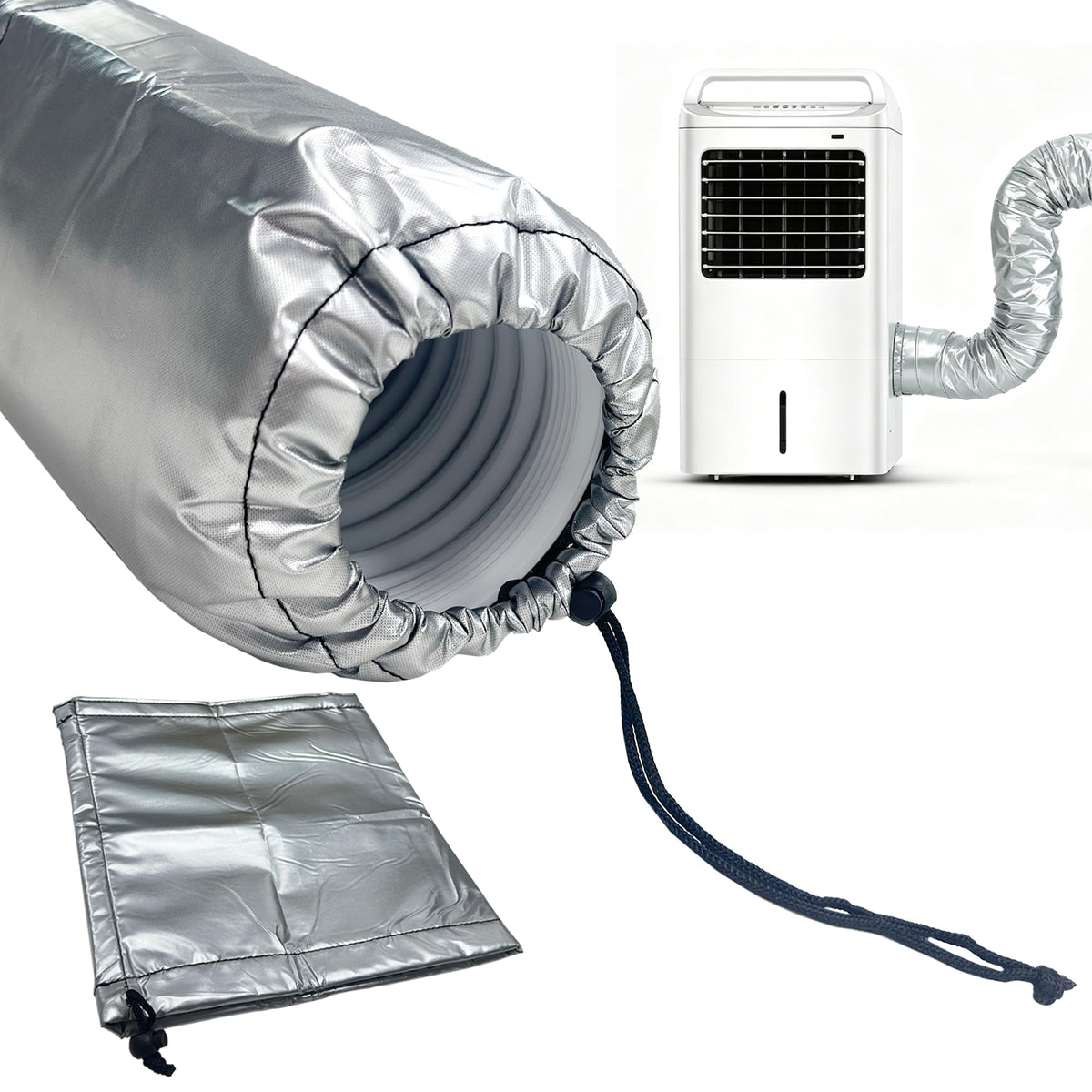 Portable Air Conditioner Hose Insulation Sleeve with Adjustable Length Part | Fit for 5" & 5.9" Exhaust Hose, with Elastic Drawstrings, Washable & Waterproof, Dustproof, Silver, Triple-Layer Insulated