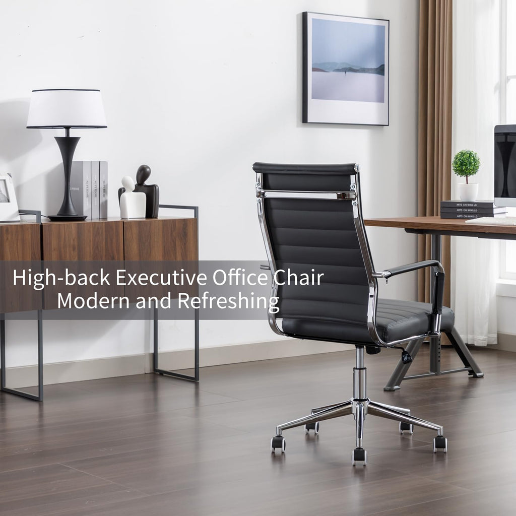 Office Desk Chair Leather, Conference Room Chairs with Wheels, Executive Modern High Back Ergonomic Swivel Rolling Ribbed Computer Chair