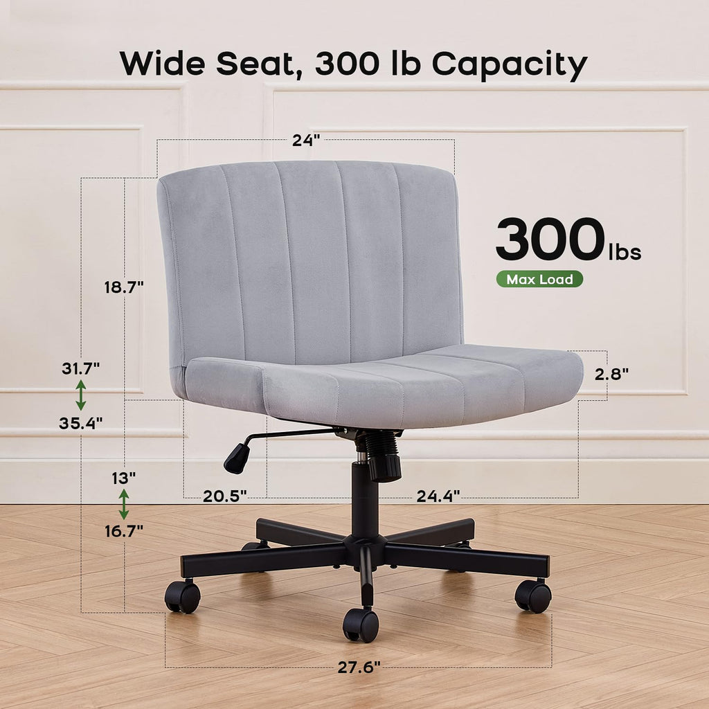 Lukkdys Criss Cross Chair with Wheels, Wide Cross Legged Desk Chair, Comfy Fabric Vanity Chair for Home Office Bedroom, Adjustable Armless