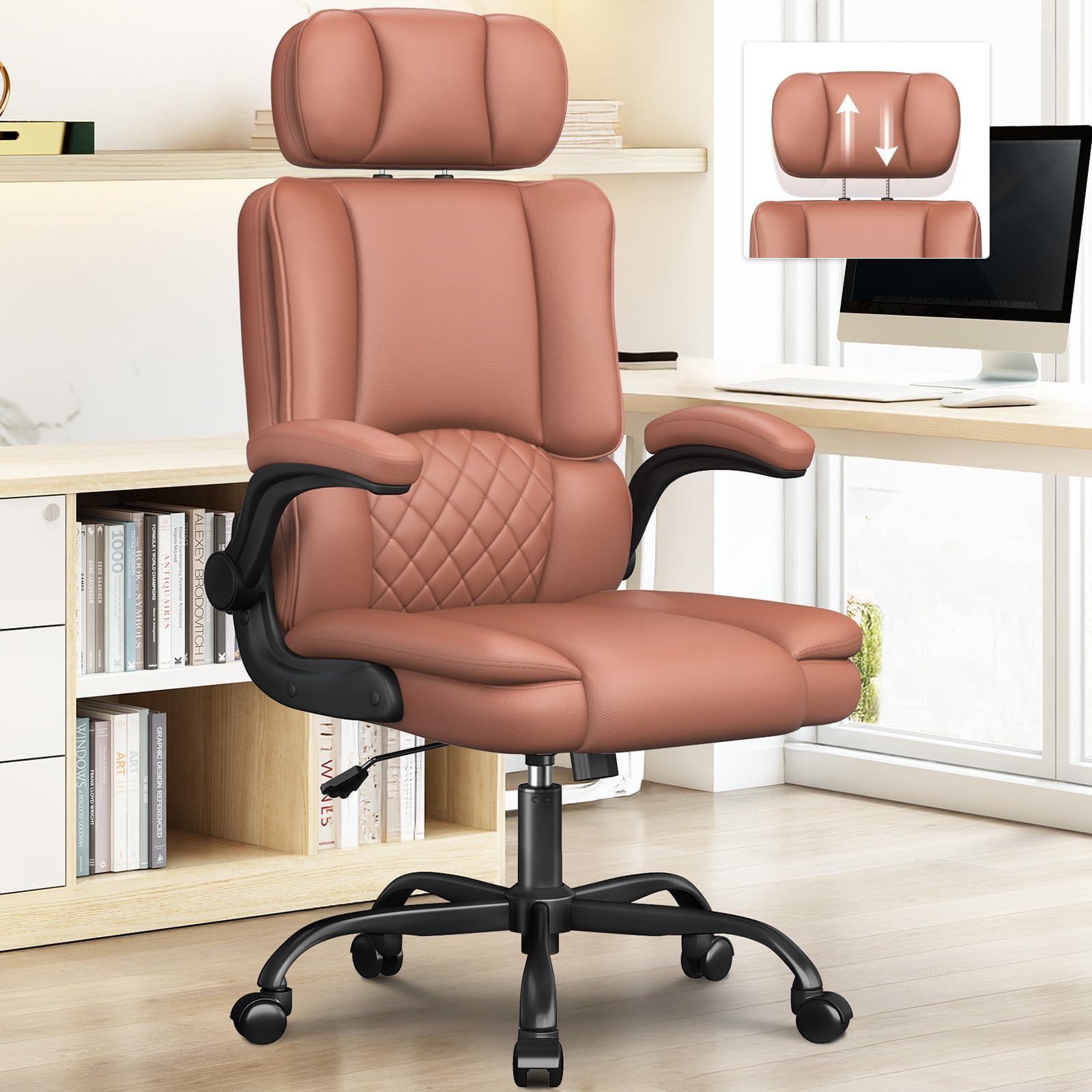 Cyzena Office Chair-executive High Back Breathable Big and Tall Office Chair Flip-up Armrests Lumbar Support-ergonomic Leather Rolling Swivel