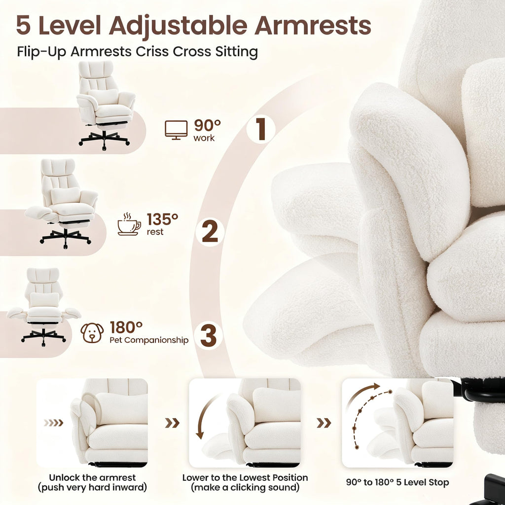 Criss Cross Chair with Footrest, Big and Tall Office Chair with Flip Arms, Teddy White