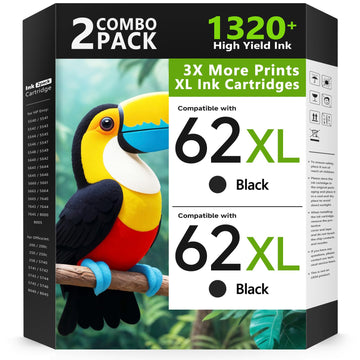 62XL Ink Cartridges Black High Yield Replacement for HP 62 Ink 62XL Ink for HP Envy 7640 7645 5540 5549 5640 5660 for OfficeJet Mobile 250 200 for OfficeJet 5740 5741 8040 Printer (2 Black)