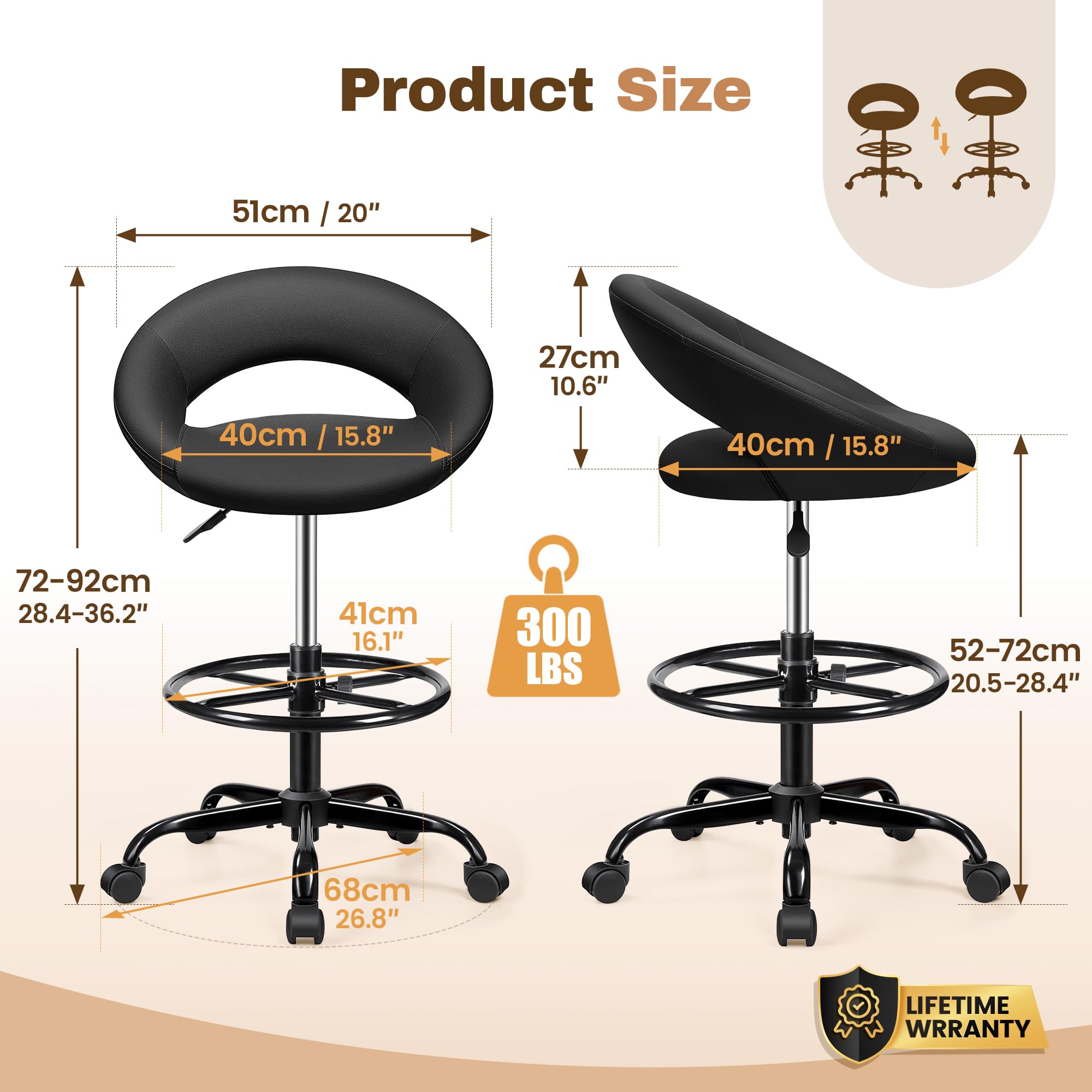 Bestfair Office Drafting Chair, Counter Height Barstools with Back Support, 2 Pack, Black