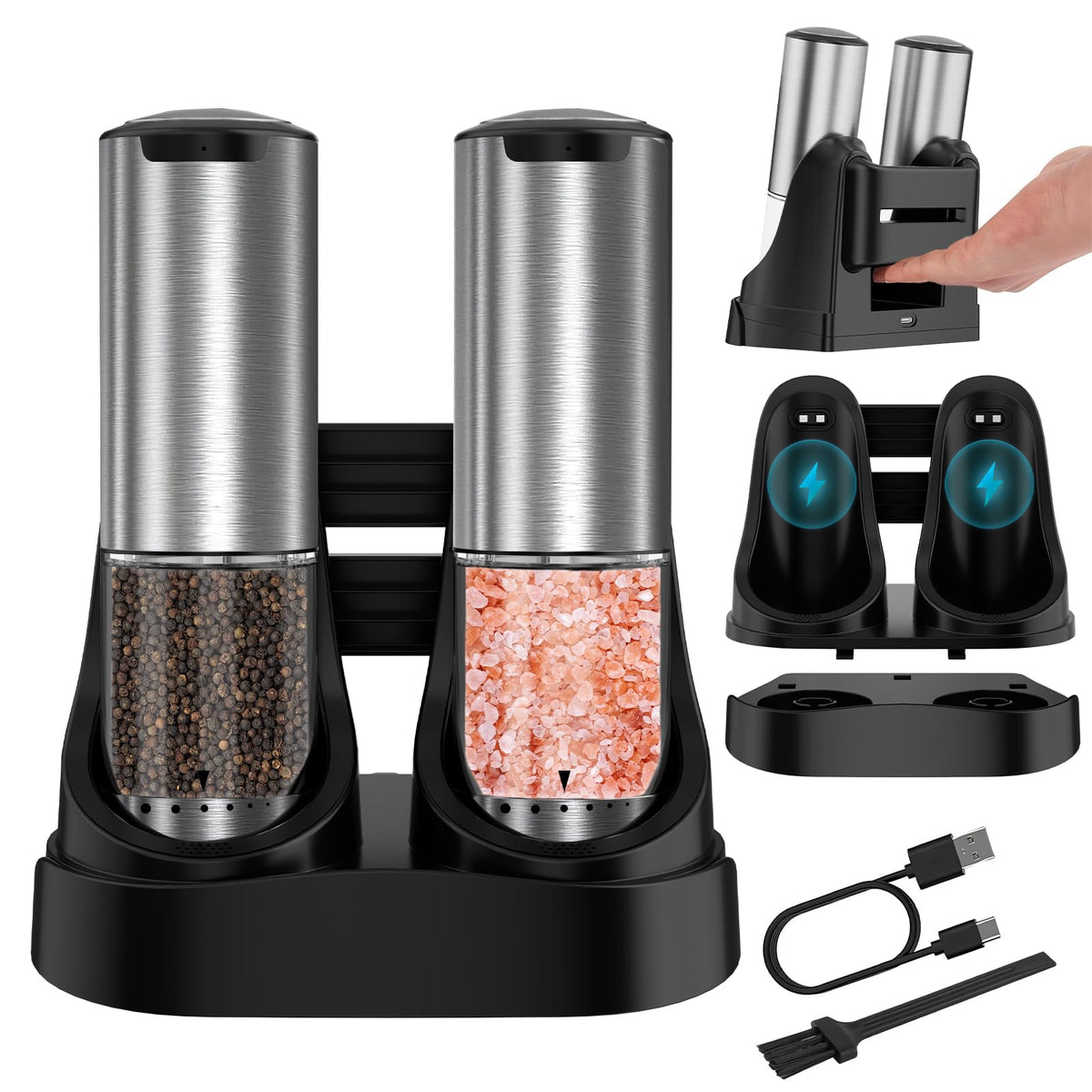 Electric Salt and Pepper Grinder Set Type-C Charging, 6 Levels, LED Light
