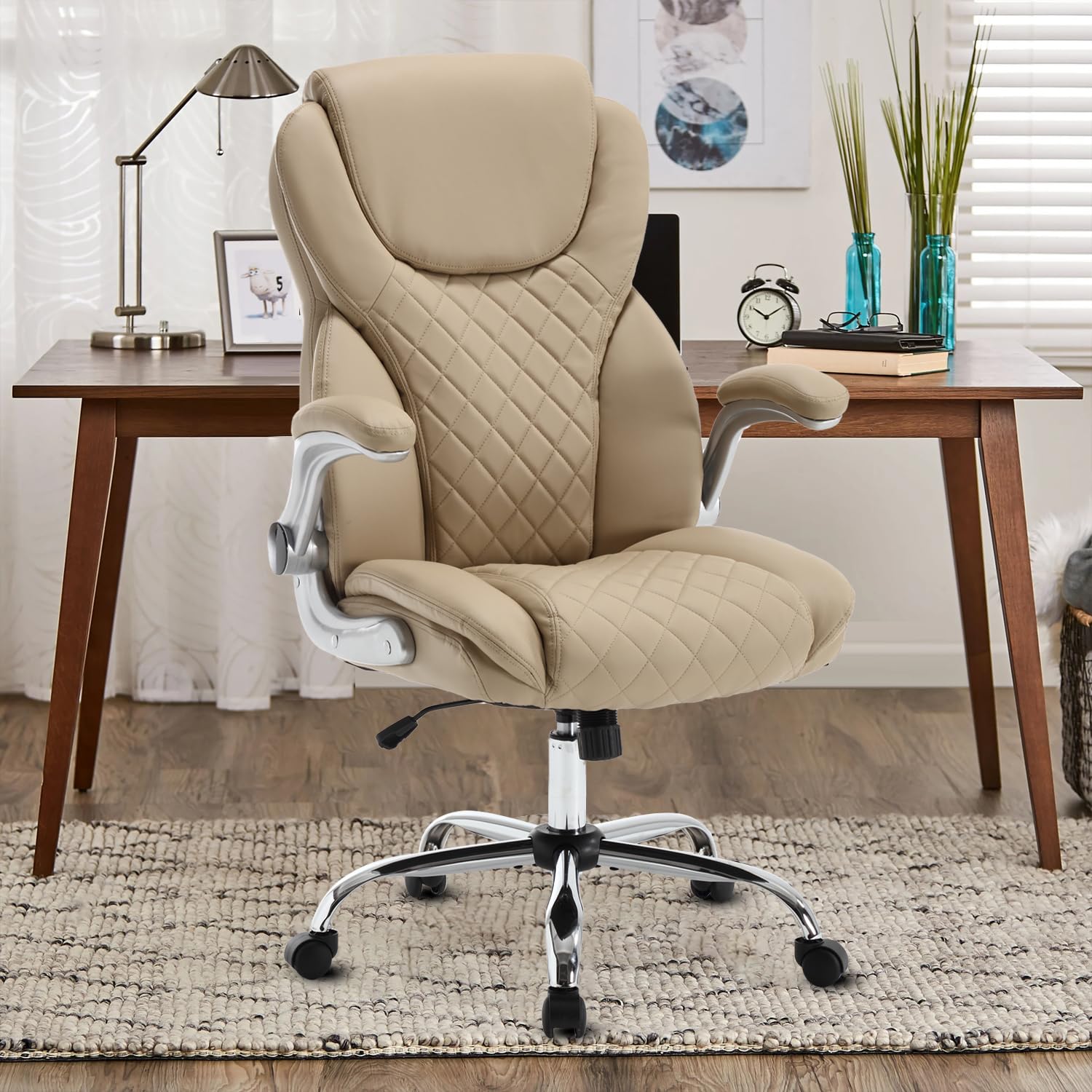 Reficcer Leather Executive Office Chair, High Back Ergonomic Office Desk Chairs with Wheels, 90-120° Rocking Managerial Chair Swivel Desk