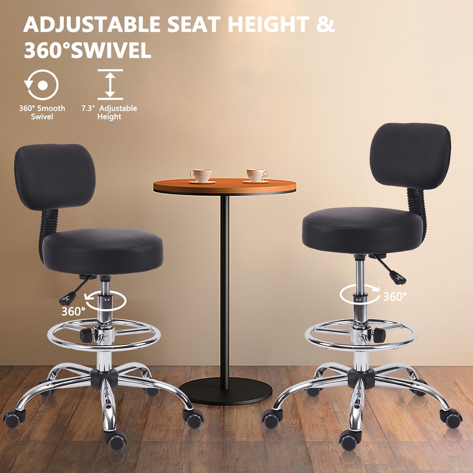 Klasika Drafting Stool Chair with Back, Adjustable Foot Rest Backrest Swivel Rolling Stool, Multi-purpose Office Desk Chair, Thickened Seat for