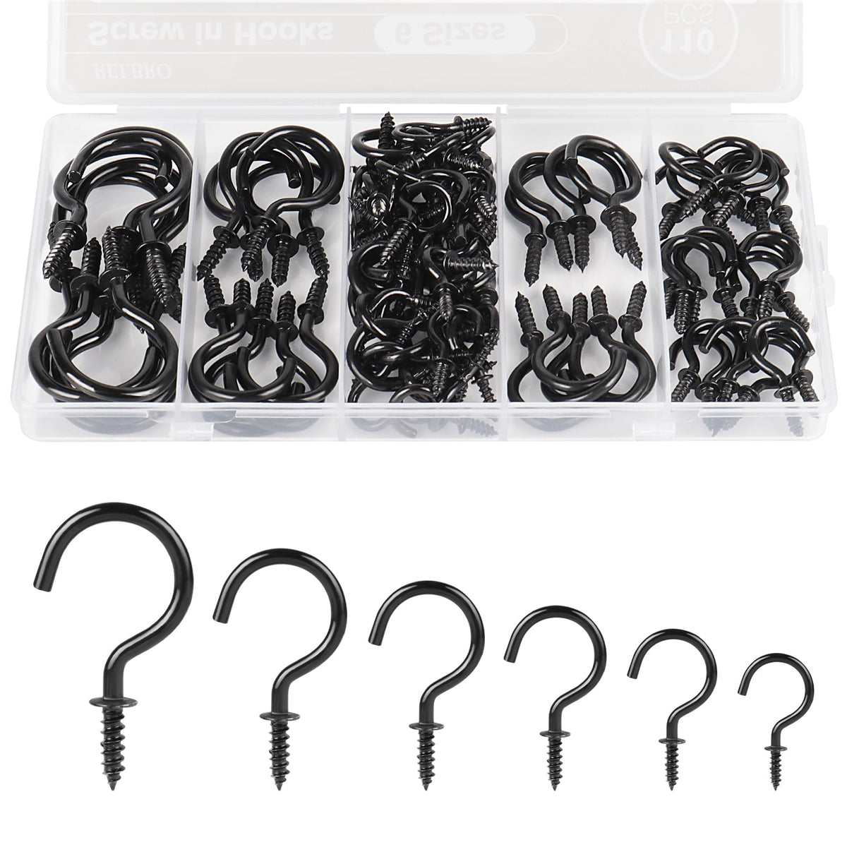 RELBRO Screw Hooks, 6 Sizes Metal Screw in Cup Hooks, 1/2 Inch, 5/8 Inch, 3/4 Inch, 7/8 Inch, 1 Inch, 1-1/4 Inch, Black, 110 Pcs