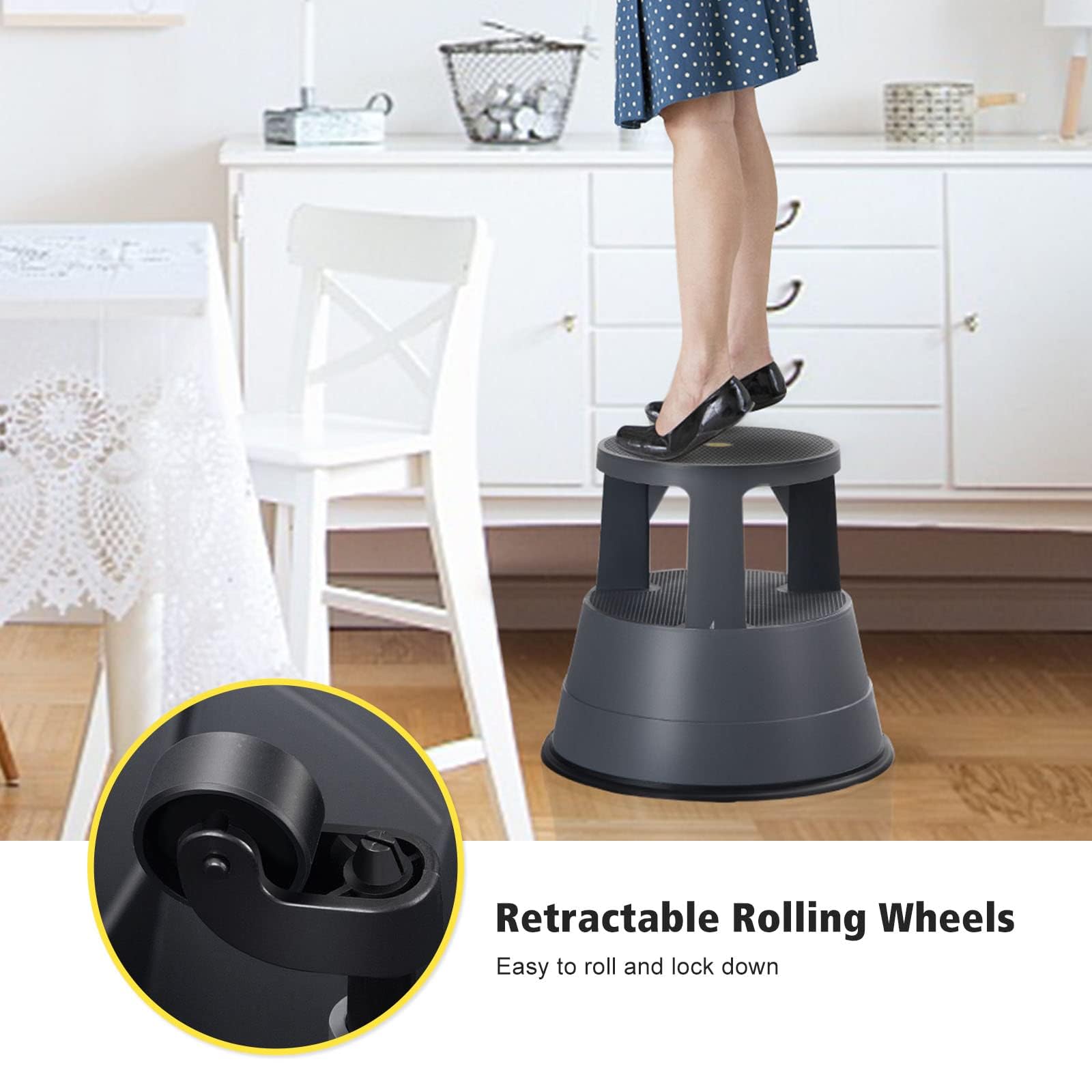 Ldaily Rolling Step Stool, Round Rolling Stool with Wheels Max Load 350 Lbs, Non-slip & Locking Platform, Small Plastic Library Step Stools for