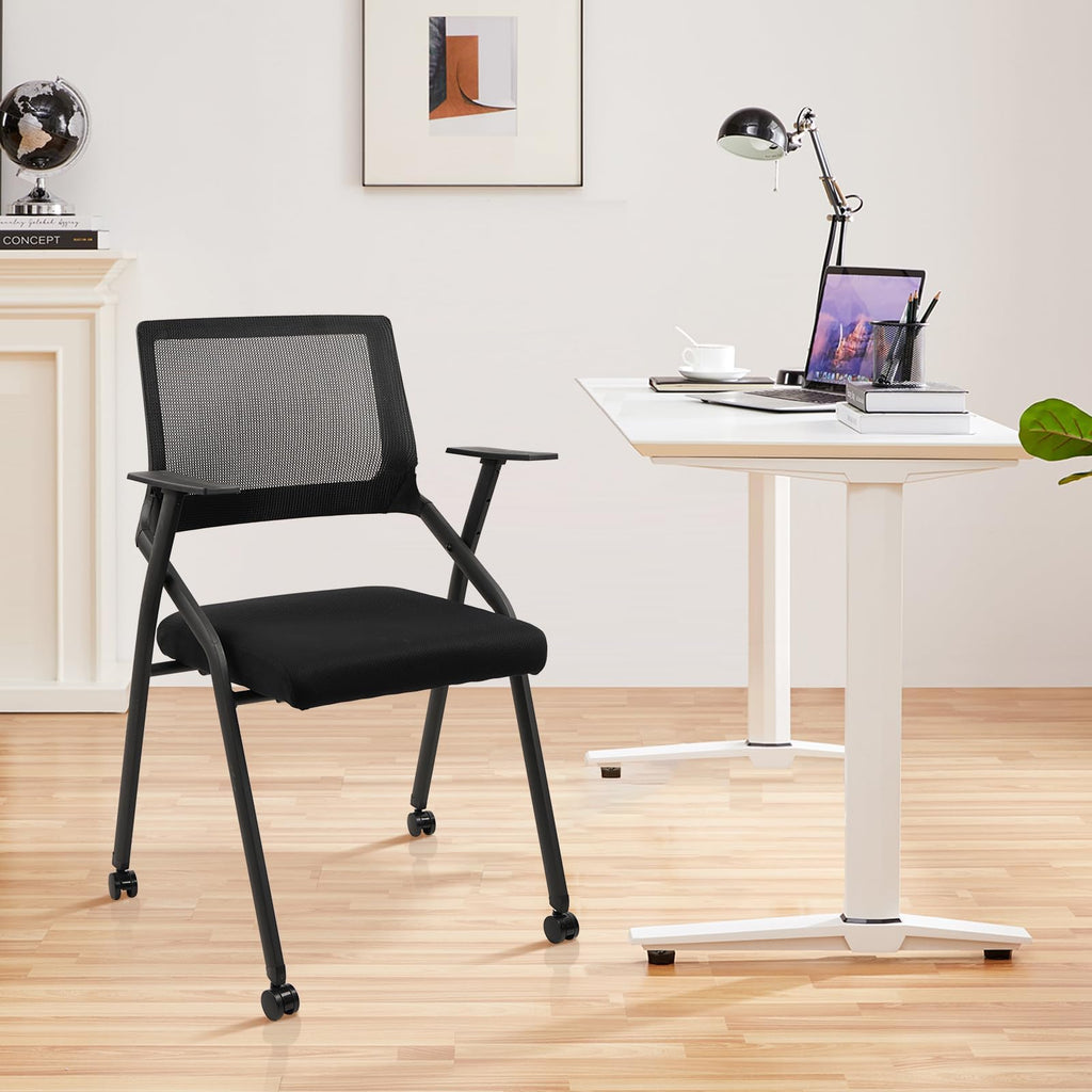 Clatina Stackable Foldable Conference Room Chairs with Wheels, Portable Padded Office Desk Chair with Lumbar Support and Armrest for Training