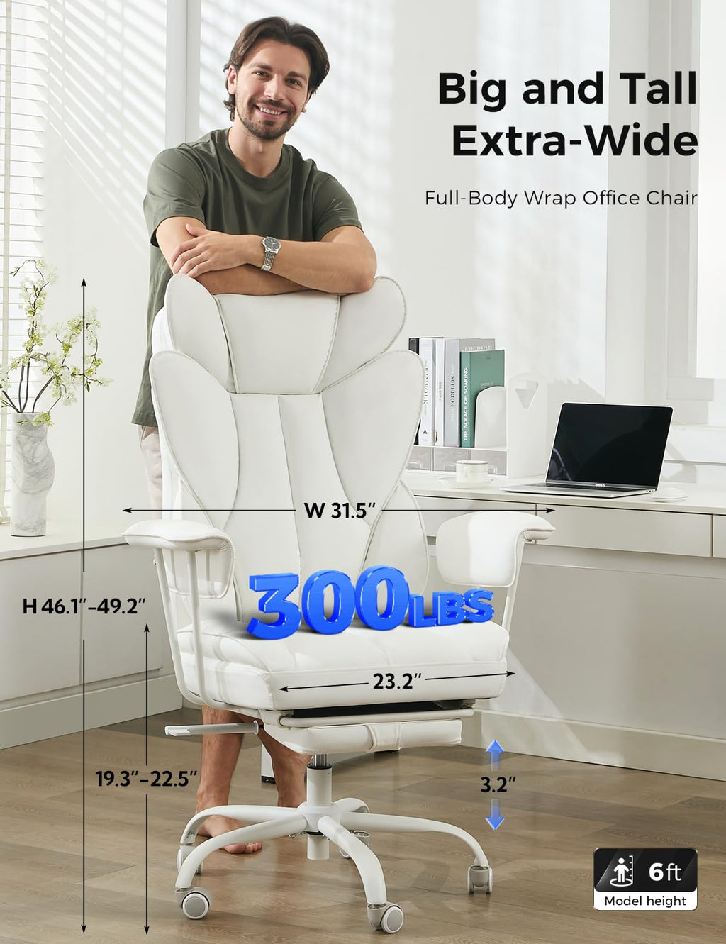 Amseatec Big and Tall Office Chair, Reclining Executive Chair with Footrest, Oversized, White