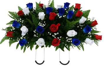 Patriotic Cemetery Headstone Saddle Flowers in Red White and Blue Roses with Flags