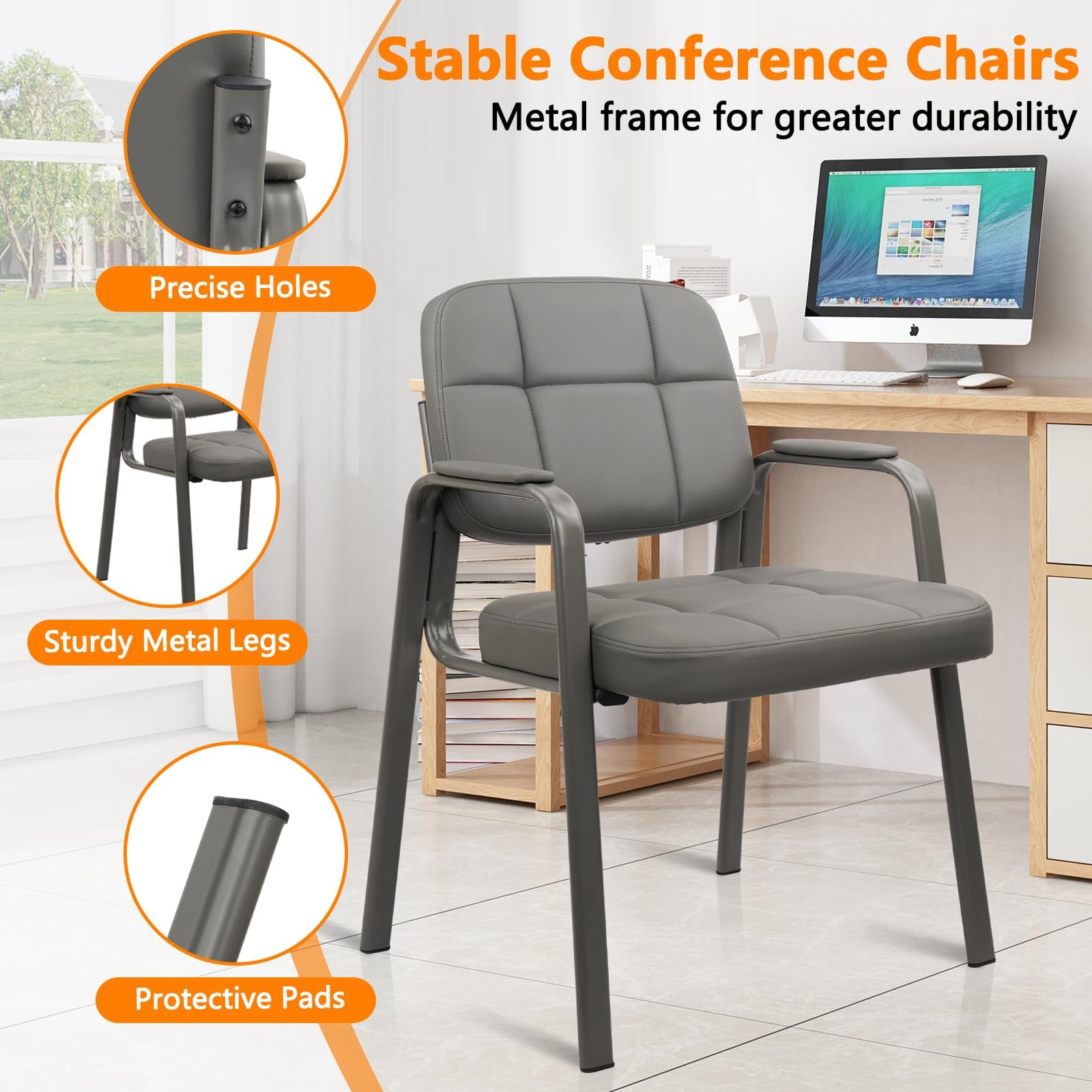 Clatina Leather Office Guest Waiting Room Chair Sets of 2, Reception Chair No Wheels with Armrests and Lumber Support, Stationary Desk Armchair