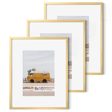 Fun Memories 8x10 Inch Metal Picture Frame - Aluminum Photo Frames - 5x7 Mat - Ideal for Wall or Tabletop Display - Wall Hook Hanging Hardware Included - Set of 3 - Glod