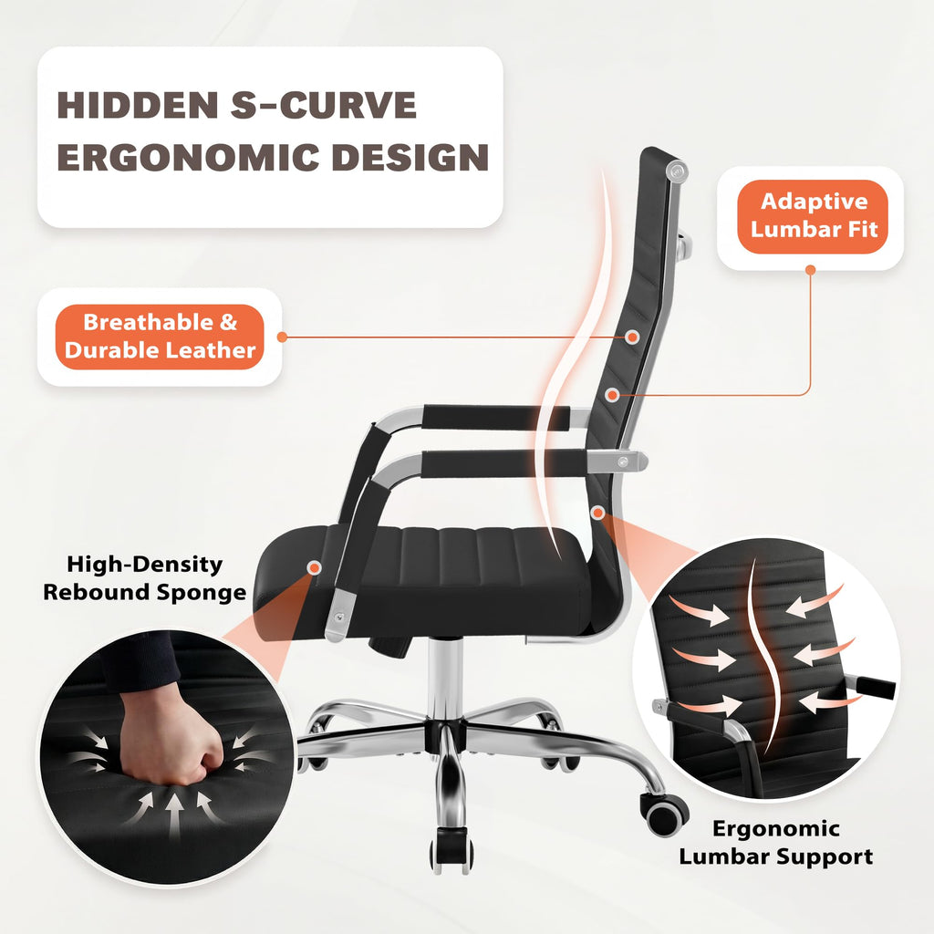 Furmax Ergonomic Office Desk Chair, Executive Ribbed Mid-back Pu Leather Conference Room Chair Adjustable Swivel Chair with Arms (2 Pcs, Black)