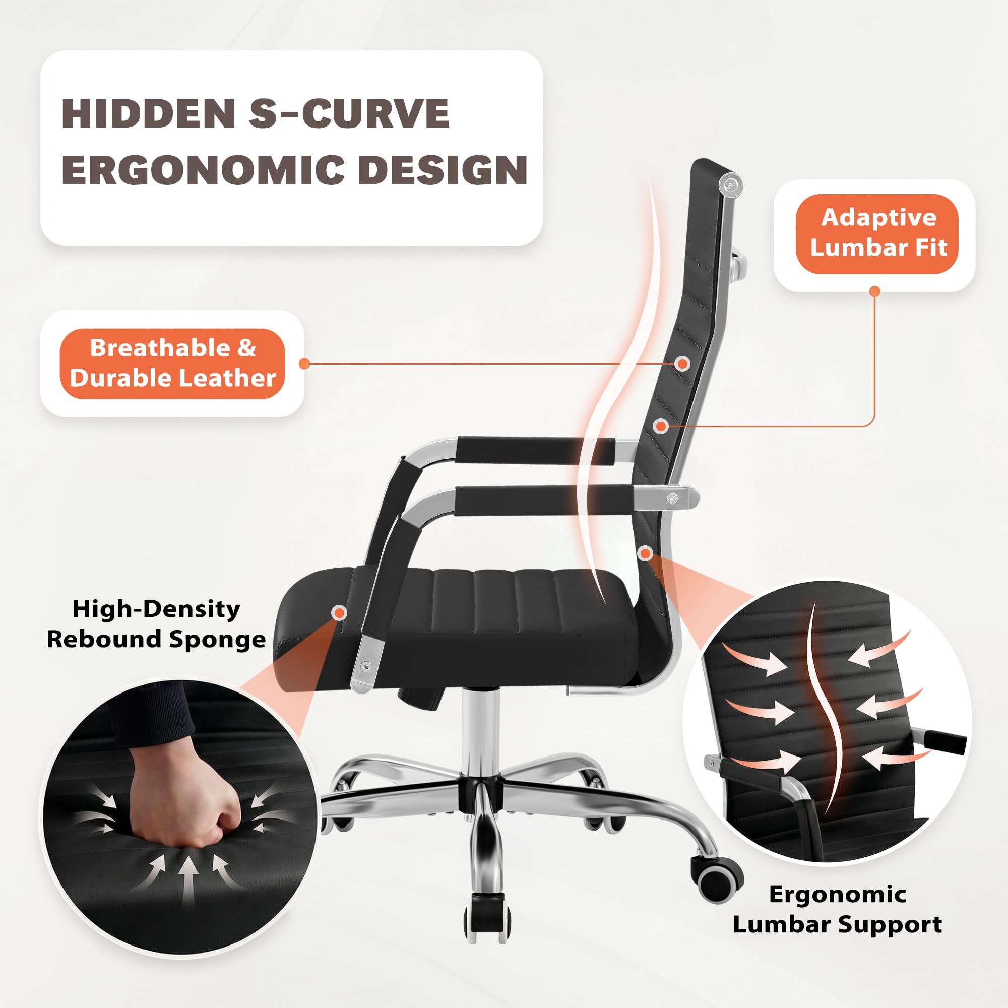Furmax Ergonomic Office Desk Chair, Executive Ribbed Mid-back Pu Leather Conference Room Chair Adjustable Swivel Chair with Arms (2 Pcs, Black)