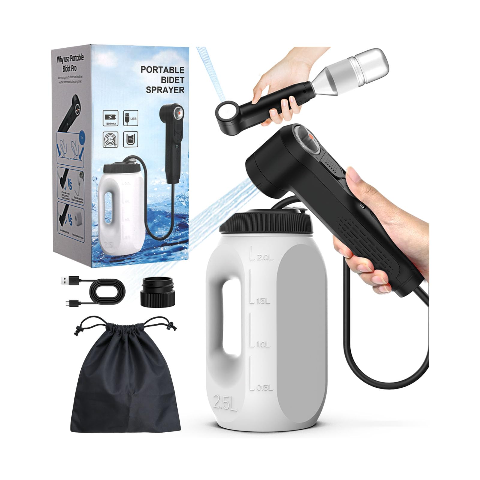 Portable Bidet for Travel,Electric Handheld Bidet Sprayer with 2.5L Peri Bottle & Adaptor,Dual Spray Modes,USB-C High Pressure Shower Toilet Butt Washer for Elderly Women Men Hygiene Camping Home