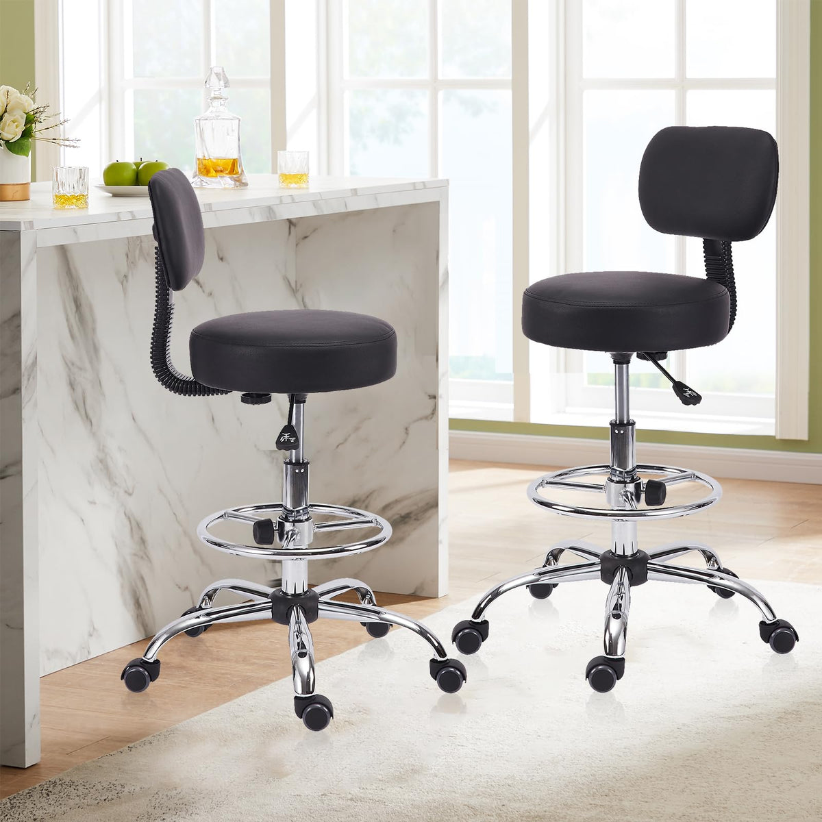 Klasika Drafting Stool Chair with Back, Adjustable Foot Rest Backrest Swivel Rolling Stool, Multi-purpose Office Desk Chair, Thickened Seat for
