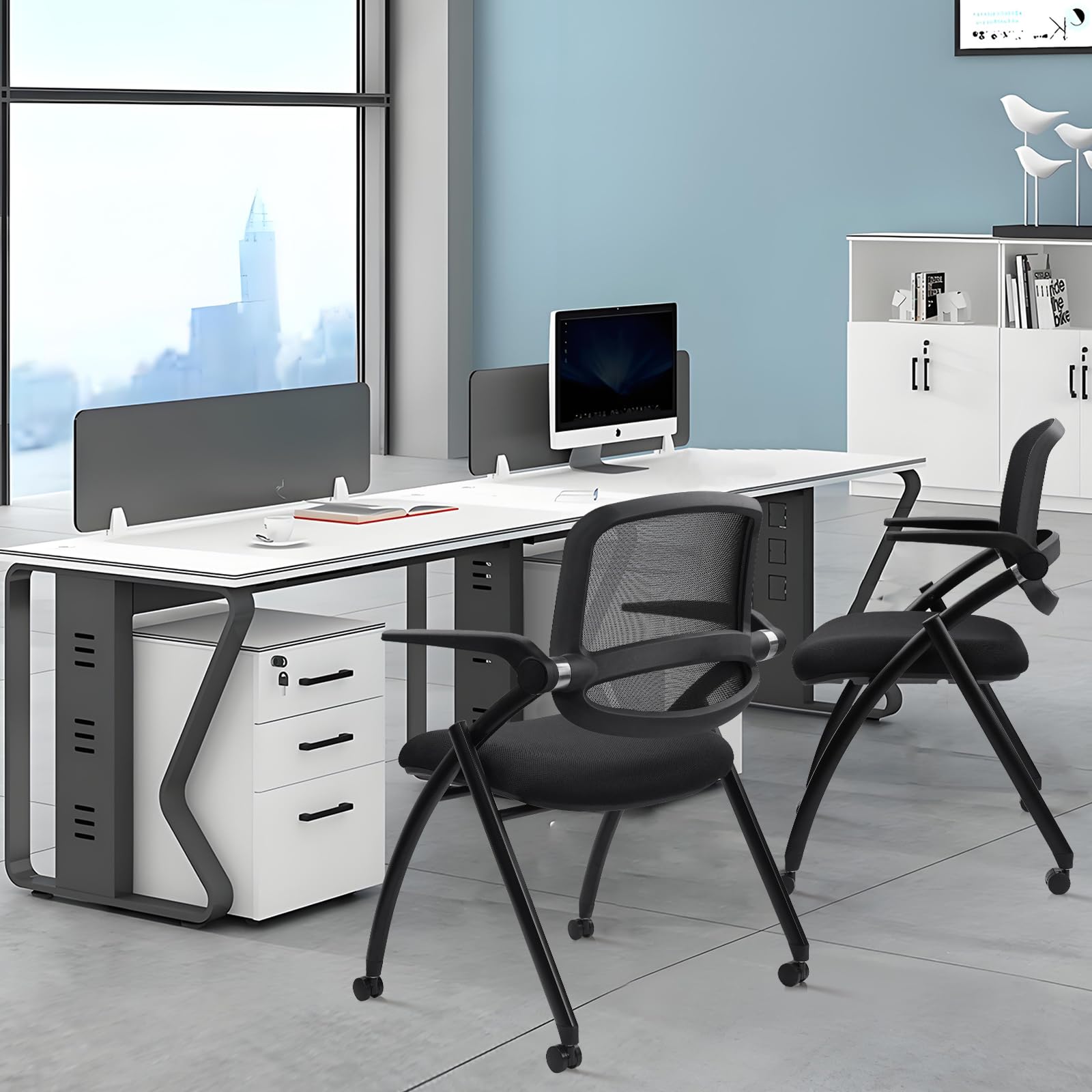 Clatina Stackable & Foldable Conference Chair with Wheels, Ergonomic Mesh Back, 300lbs Capacity, Breathable Padded Seat, Adjustable Armrests,