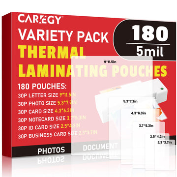 CAREGY 180 Count Thermal Laminating Pouches,5Mil | Various Sizes Laminating Sheets for Photos, Notecards, ID Badges and Business Cards?Compatible with Laminators