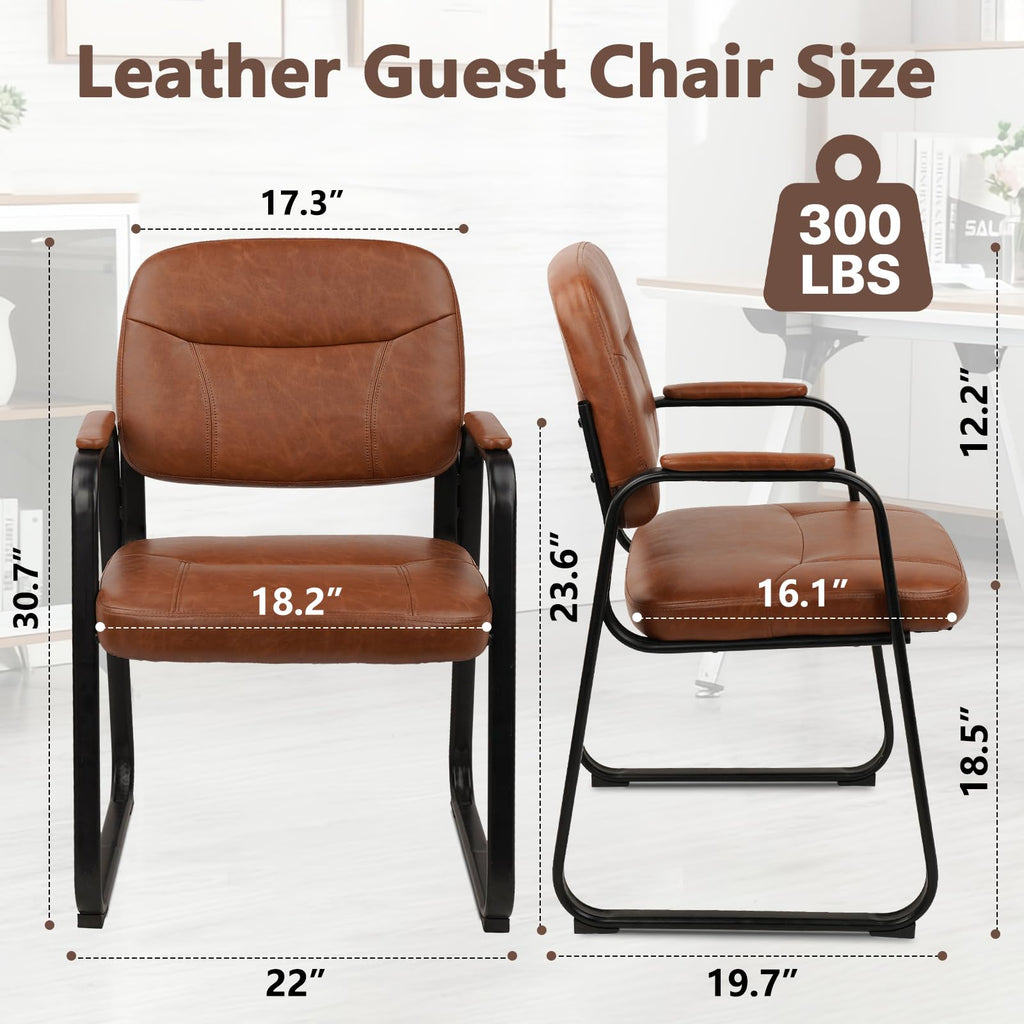 Clatina Leather Office Guest Waiting Room Chair with Sled Base, Reception Chair No Wheels with Armrests and Lumber Support, Stationary Desk