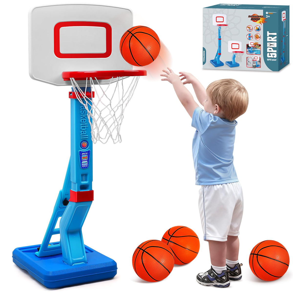 Toddler Basketball Hoop Indoor Outdoor - Height Adjustable 27.6-54 Inches (5 Slots), Kids Basketball Hoop with 4 Inflatable Balls & Pump, Safe Toddler Toys for 1-6 Year Old Boys Girls