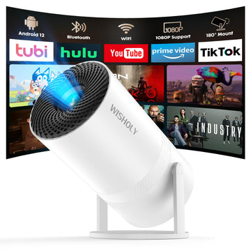 ? Built-in Apps & Android 12?WISHOLY Mini Projector with WiFi and Bluetooth, Portable Smart Projector with Auto Keystone Correction, 1080P Support, 180° Rotatable, HDMI USB Compatible