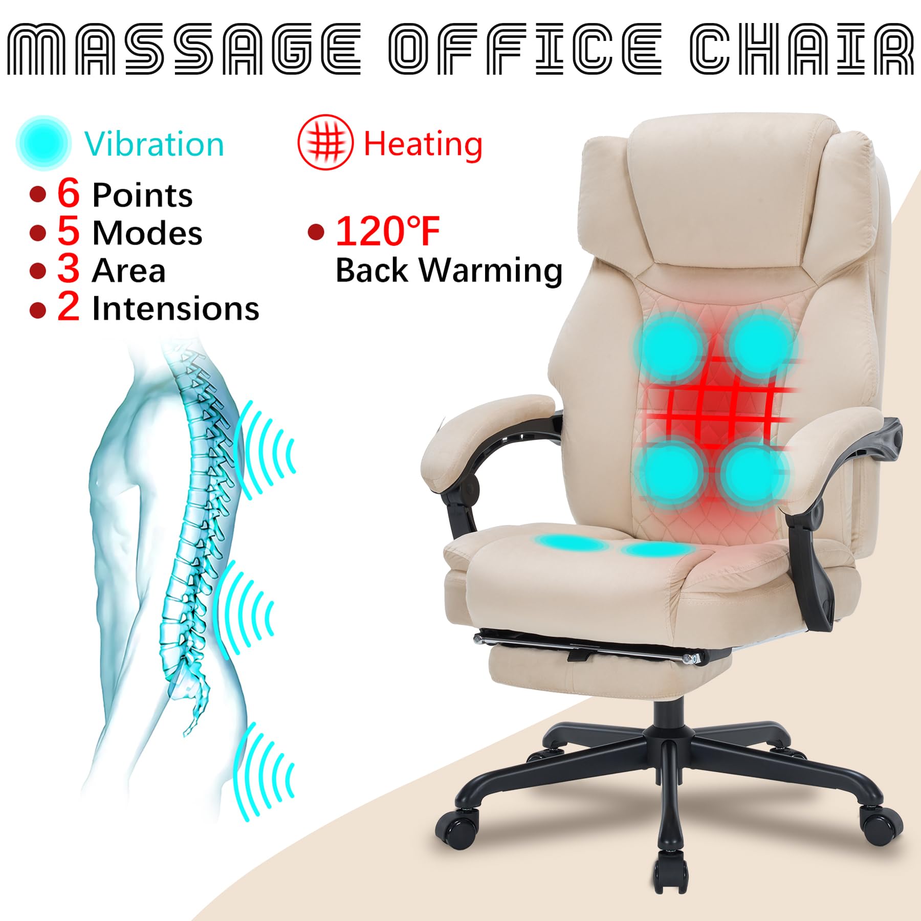 Massage Office Chair with Foot Rest 6 Points Vibration and Heat Home Office Desk Chairs for Heavy People 400lbs Reclining Managerial Chairs