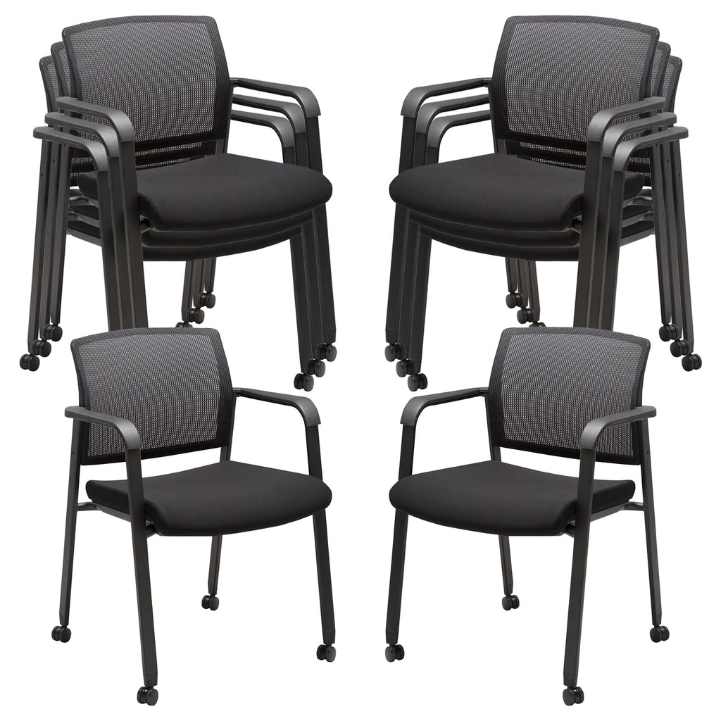 Clatina Mesh Back Guest Reception Arm Chairs with Wheels, Waiting Room Chairs with Upholstered Fabric Seat and Ergonomic Lumbar Support for