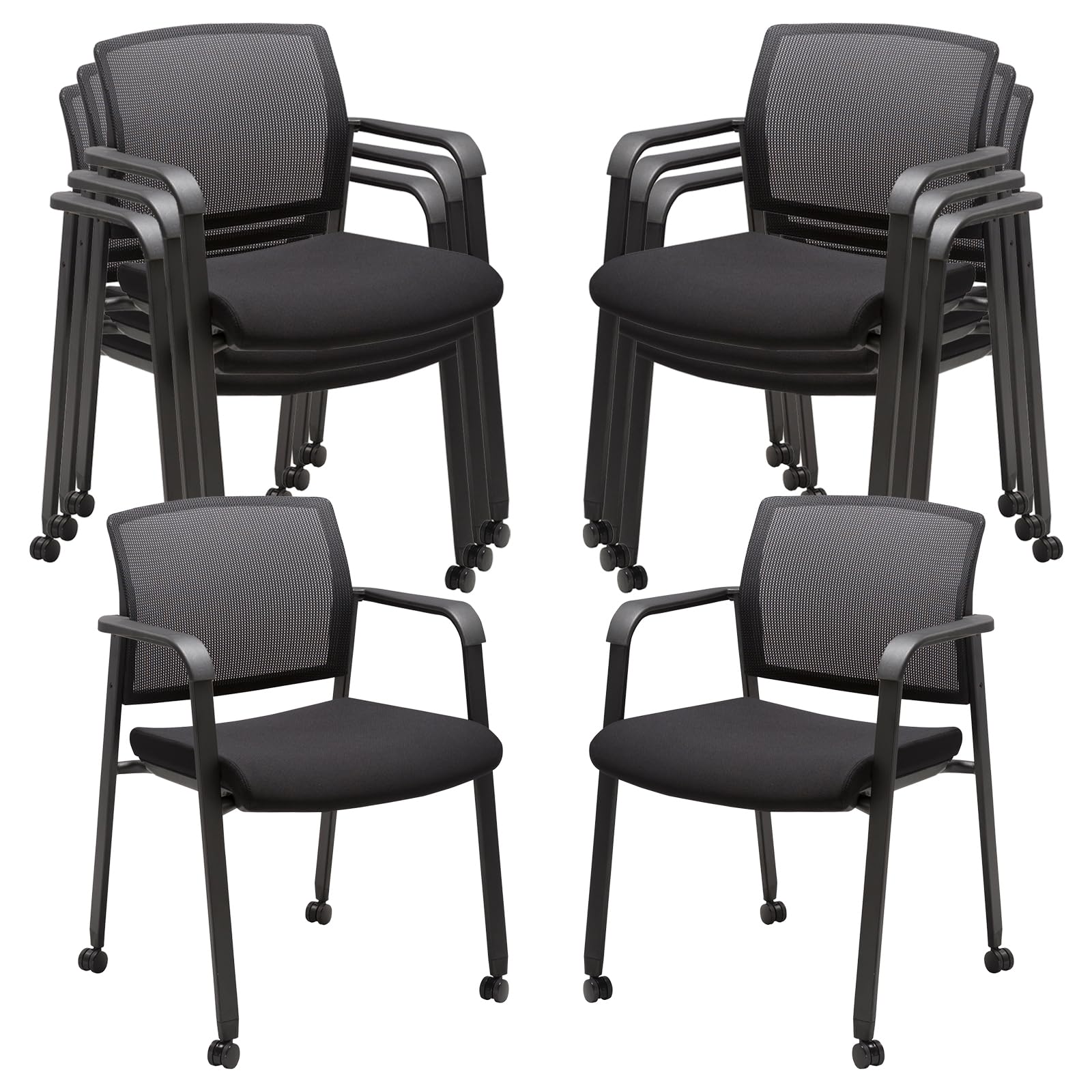 Clatina Mesh Back Guest Reception Arm Chairs with Wheels, Waiting Room Chairs with Upholstered Fabric Seat and Ergonomic Lumbar Support for