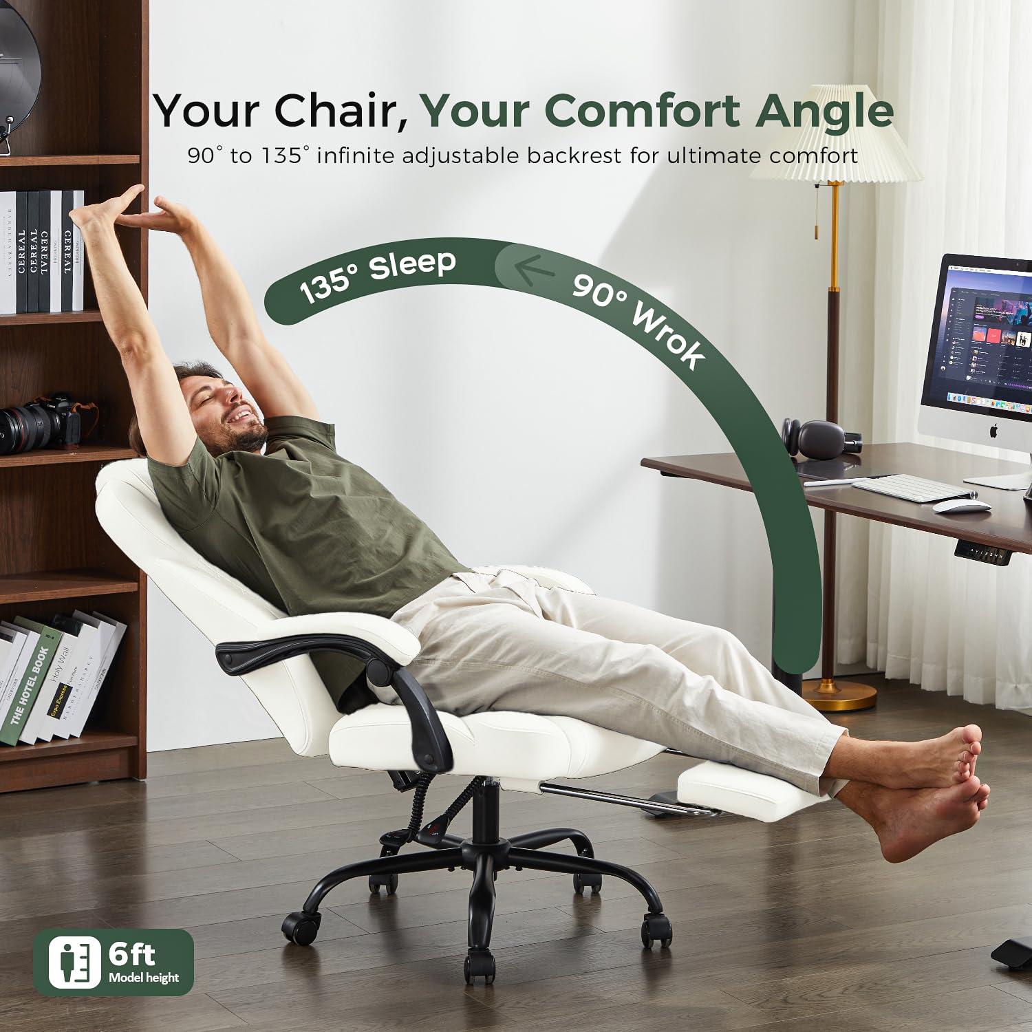 Amseatec Big and Tall Office Chair with Footrest, Lumbar Support, White, Oversized