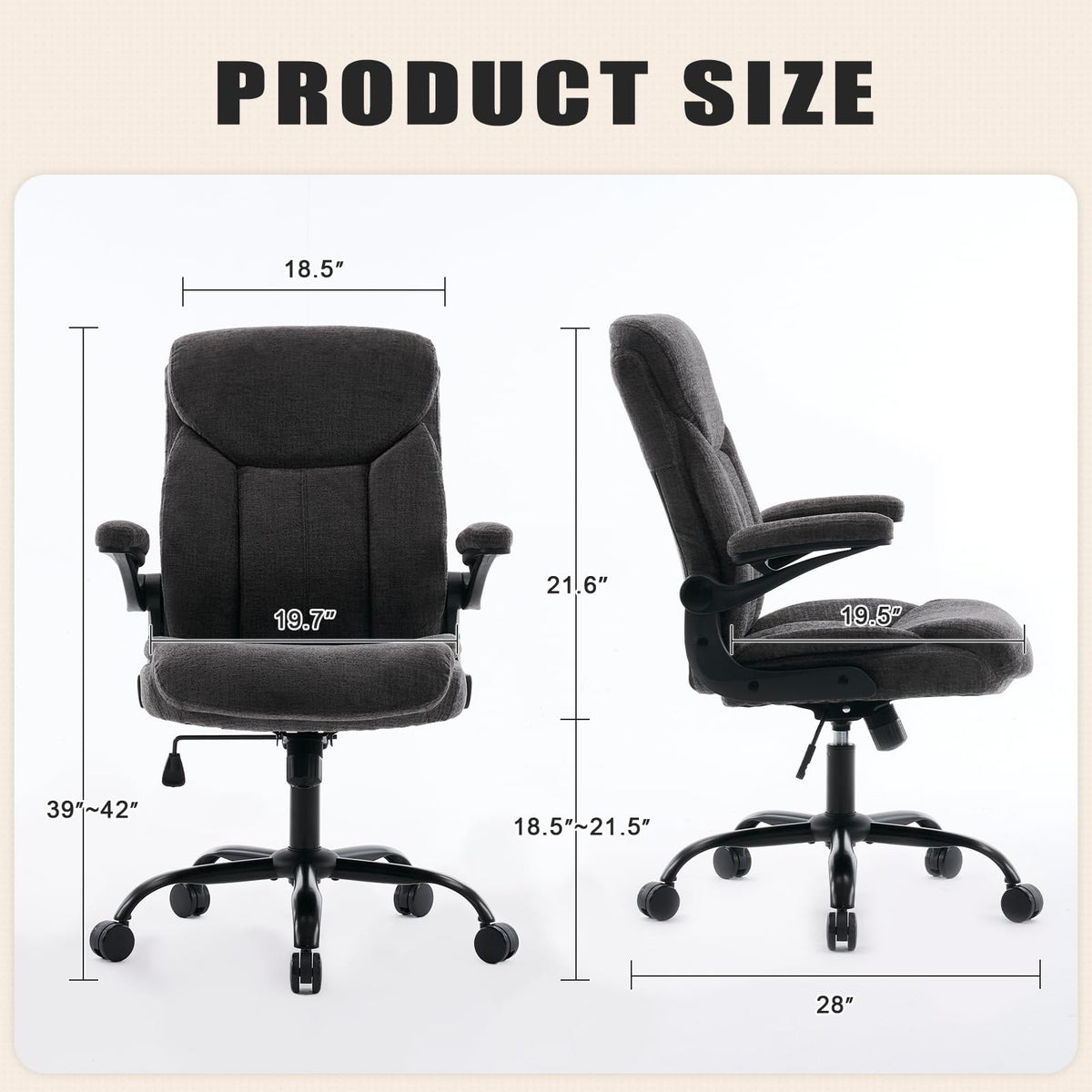 Executive Fabric Office Desk Chair - Ergonomic Computer Study Chair Grey, 18.9"D x 25.2"W x 38.2- 42.1"H