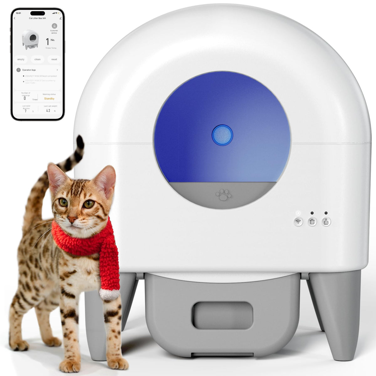 Fumoi Automatic Cat Litter Box Self Cleaning Litter Box Large Capacity for Multiple Cats, App Control with Safety Sensors, Removable Washable Liner,2 Rolls Garbage Bags,Grey