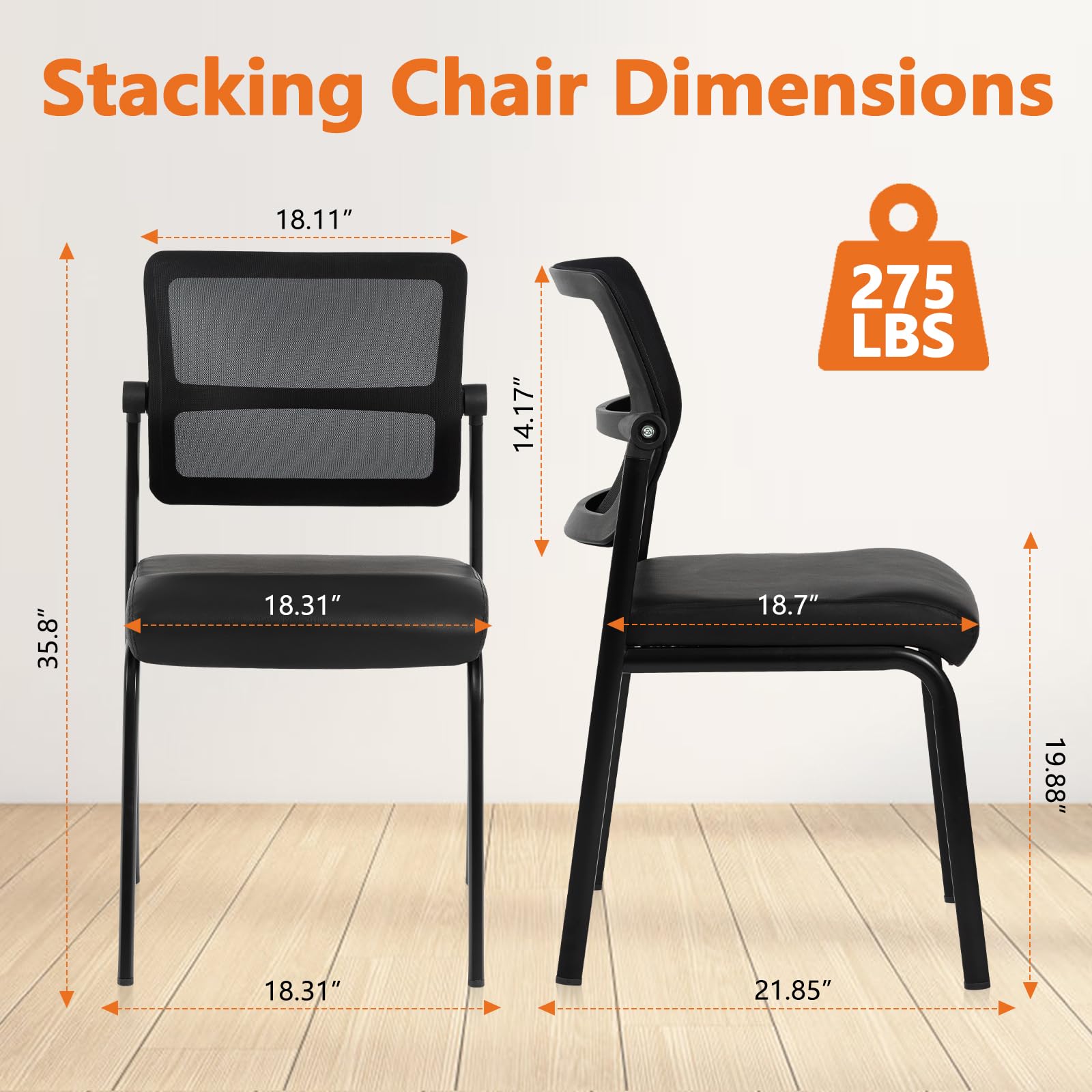 Clatina Stacking Waiting Room Reception Guest Chair, Leather Office Desk Chair with Padded Arms No Wheels Lumbar Support for Home Desk