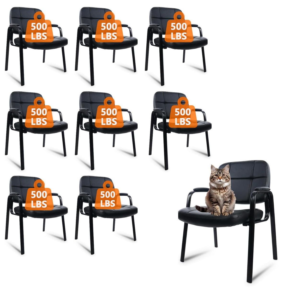 Clatina Big & Tall 400 Lbs Waiting Room Guest Chair Set of 8, Leather Office Reception Chair No Wheels with Backrest Wide Seat and Padded Arms
