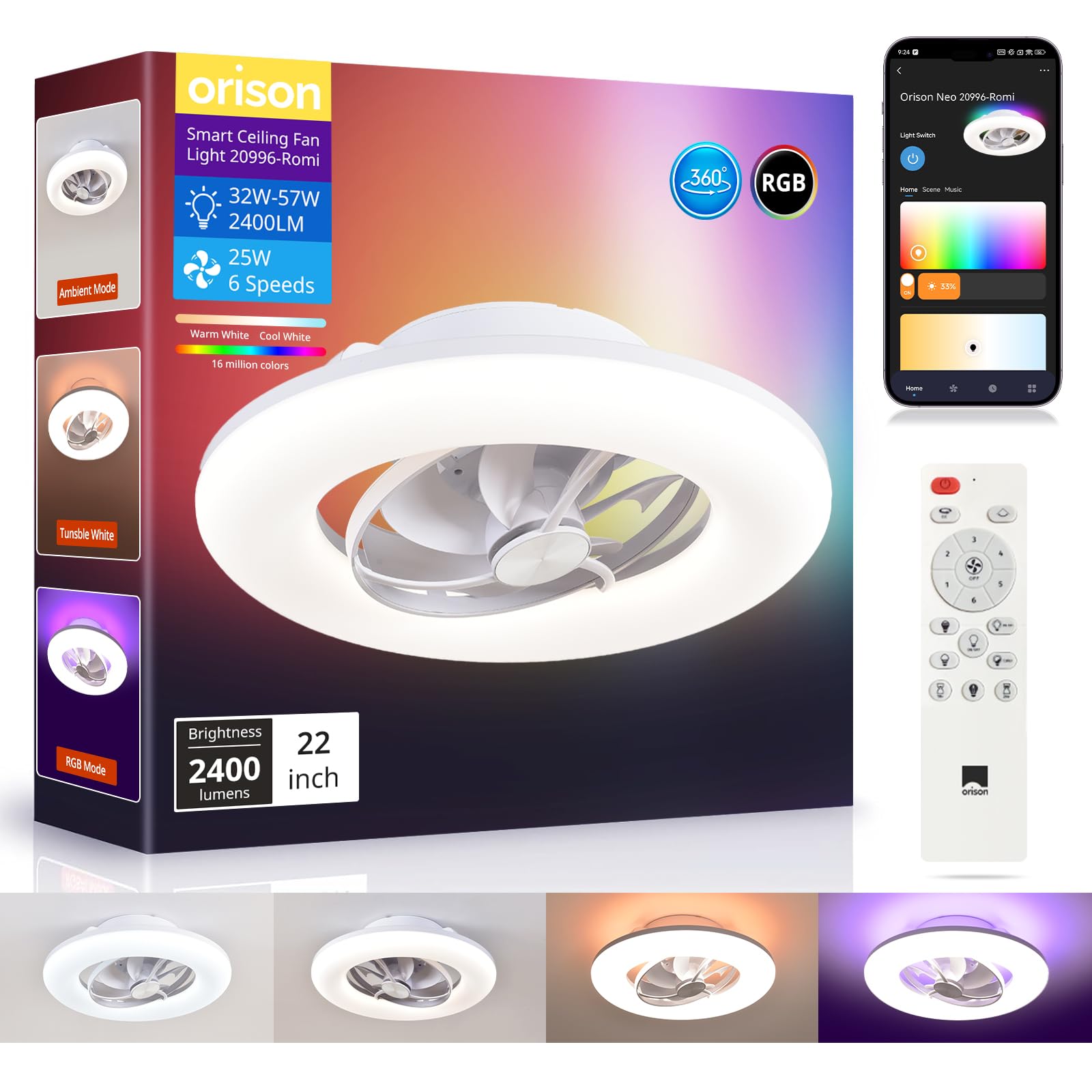 Orison 22" 360° Oscillating Ceiling Fan with Light, Rotating Low Profile Flush Mount Ceiling Fan, Smart RGB Ceiling Fans, Alexa&Google Compatible, Dimmable LED, APP/Remote, Modern for Bedroom, White