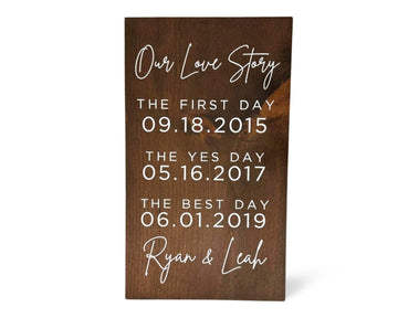 Personalized Love Story Wood Sign, Special Dates Wall Decor, 'First Day Yes Day Best Day' Wedding Gift, Brown
