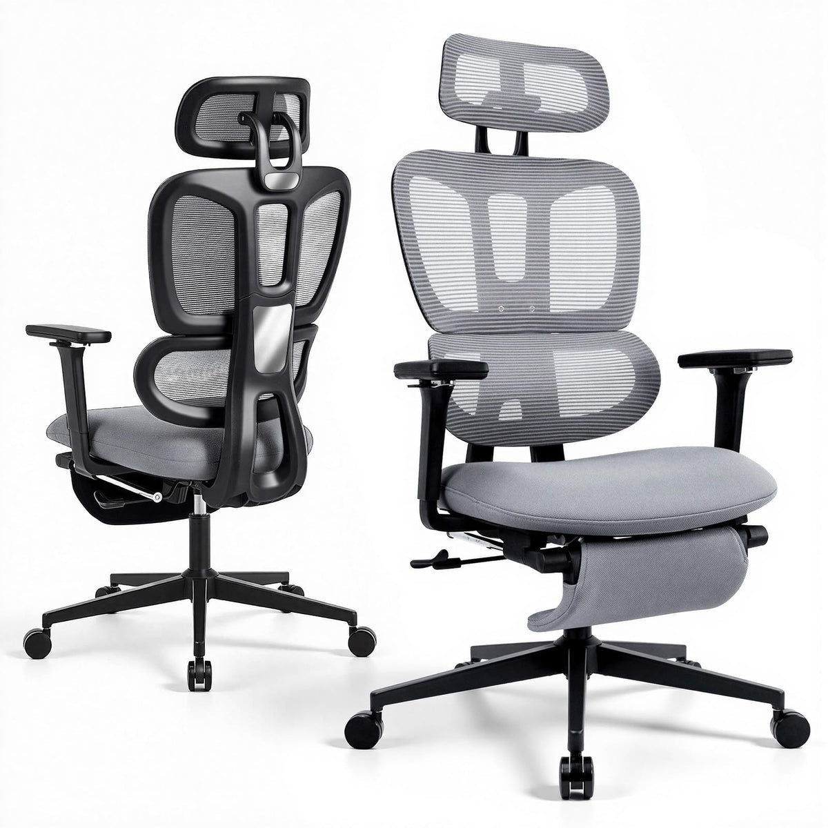 Ergonomic Office Chair with Footrest and Dynamic Lumbar Support, Grey, High Back, Dark Grey