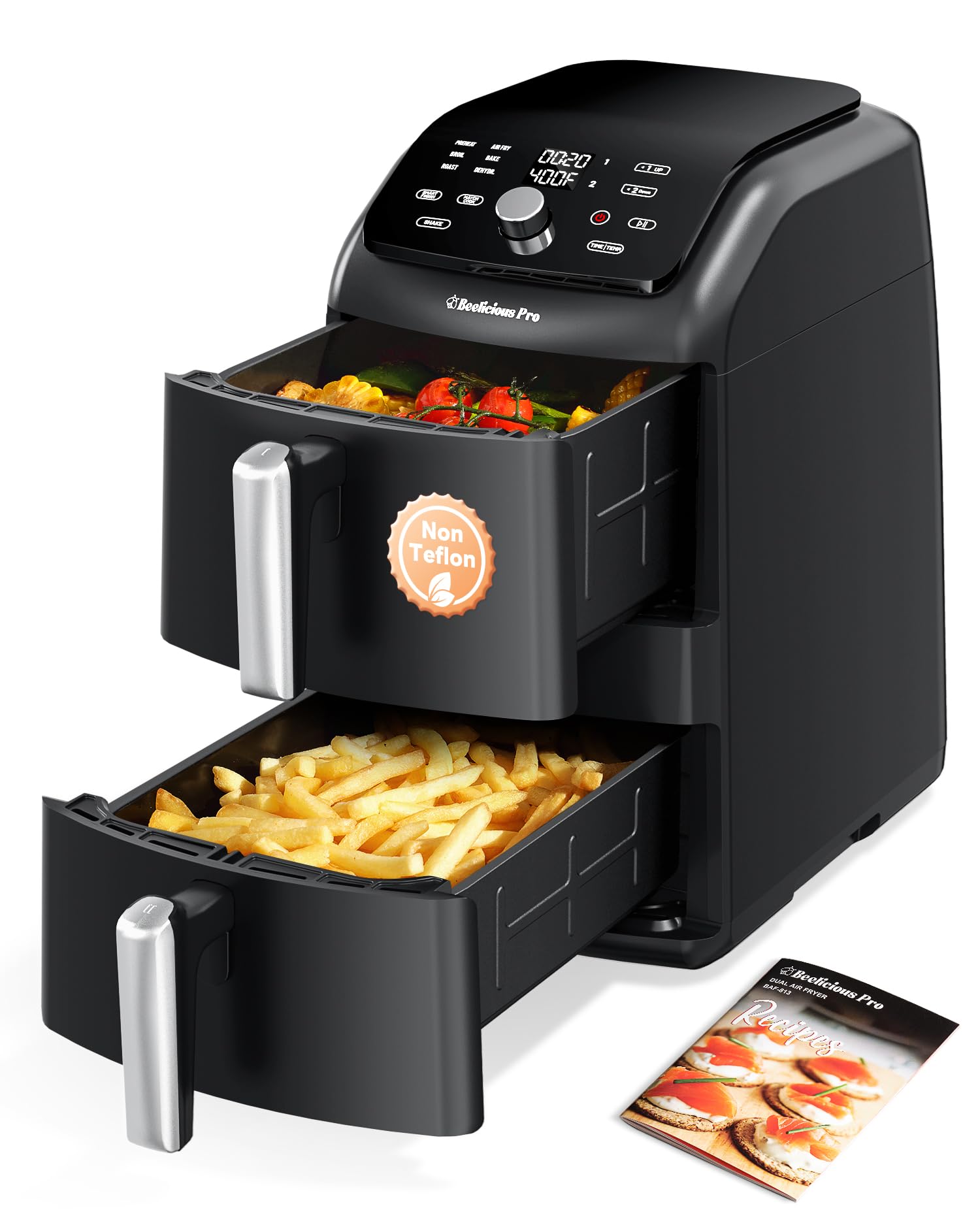 12QT Large Double Air Fryer, Family-Size Dual Airfryer with 2 Baskets, SyncHeat Even Heating, Stacked Compact Design, Smart Finish & Match Cook, PFAS-Free Nonstick, Dishwasher-Safe, Black