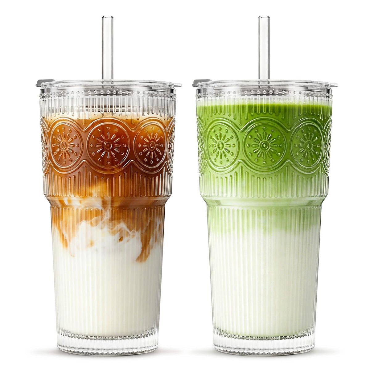 INSETLAN 20oz Ribbed & Floral Glass Tumblers with Lids and Straws, Set of 2 – Clear Iced Coffee Cups, Reusable Drinking Glasses for Water, Smoothies, Tea, and Juice – Perfect for Travel & Daily Use