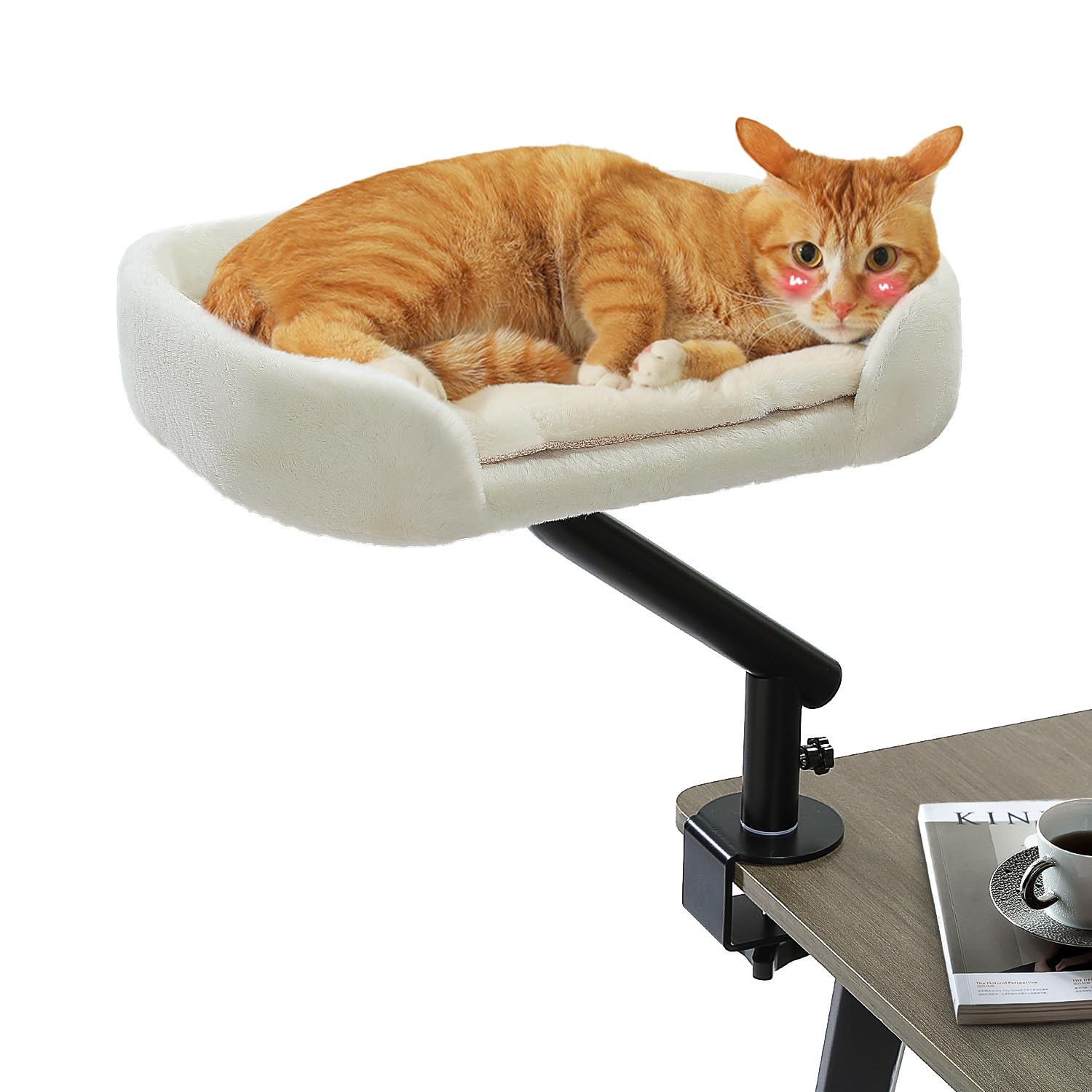 PAWZ Road Cat Desk Bed for Indoor Cats, Cat Bed for Desk Supports Up to 50 lbs, 360° Rotation & Adjustable, Nest Desktop Attachment Cats Hammock for Table, White