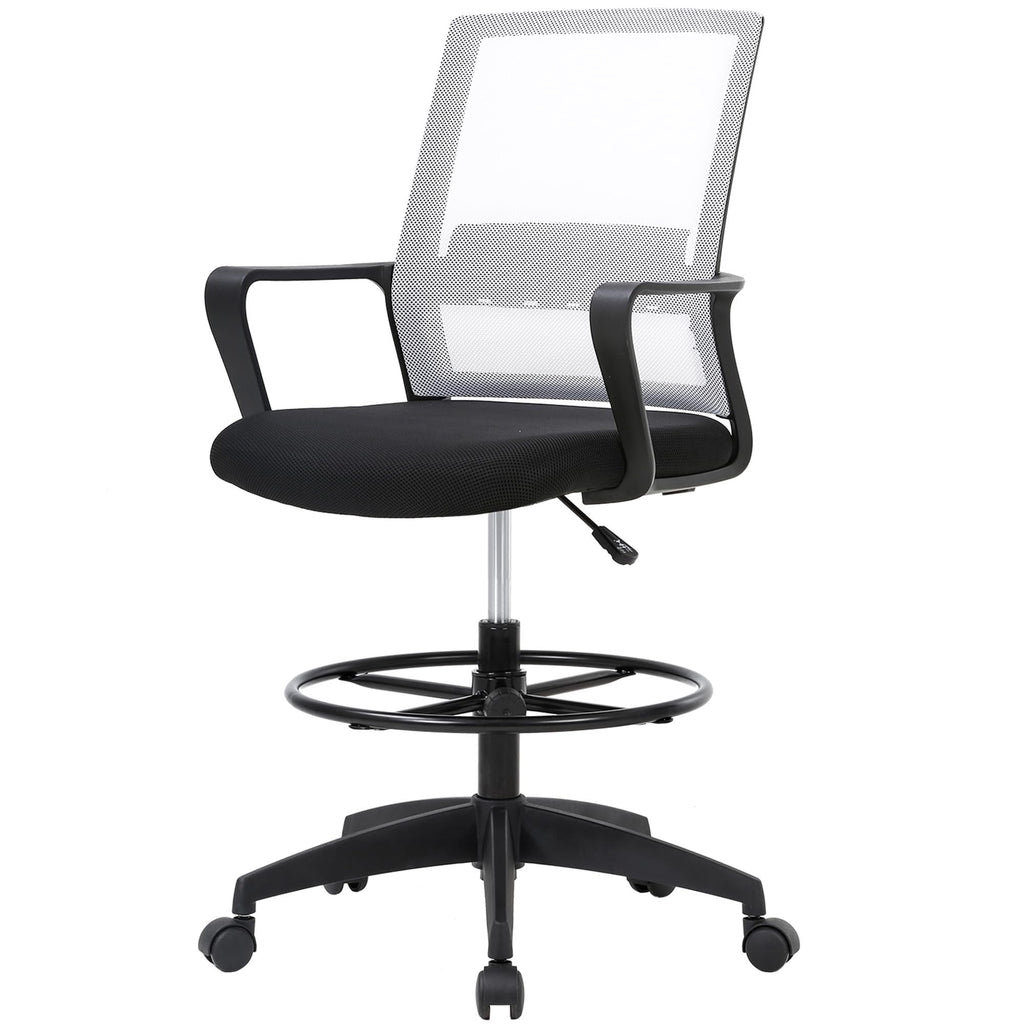 Paylesshere | Drafting Chair | White | Tall Office Chair with Adjustable Seat Height & Footrest, Ergonomic Mesh Back, Lumbar Support, 360