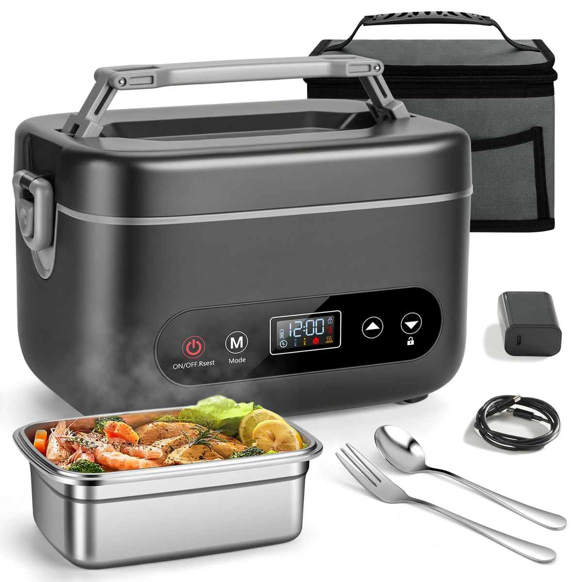 Electric Lunch Box for Men, 1.2L Cordless Heated Lunch Box, 24000mAh Rechargeable Portable Food Warmer with Auto Temperature Control, 5-Sided Heating, Leakproof, for Office, Outdoors & Truck, Black